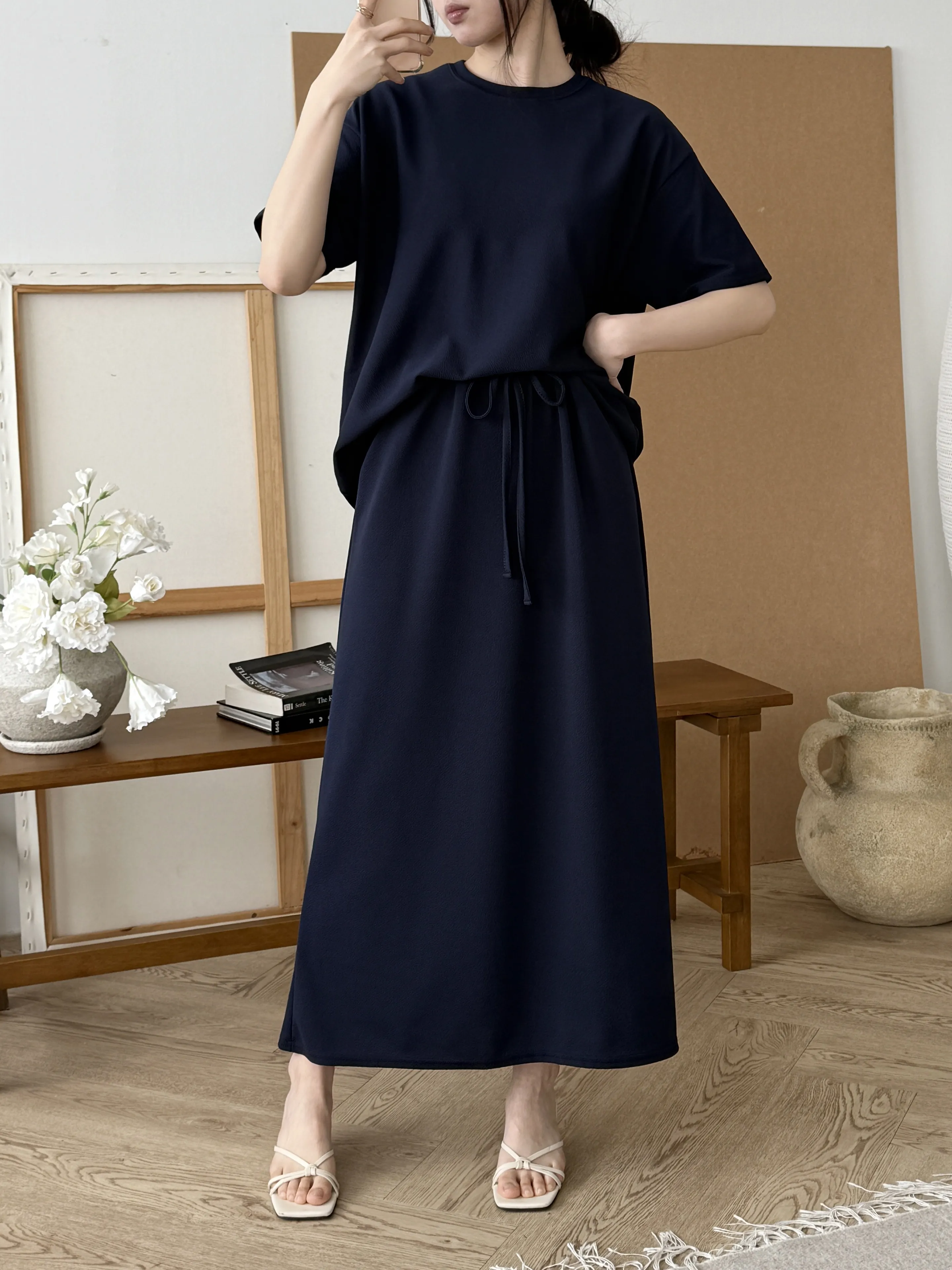 ラウンドネックベーシックウエストゴムロング半袖セットアップスカートTシャツ | 詳細画像1