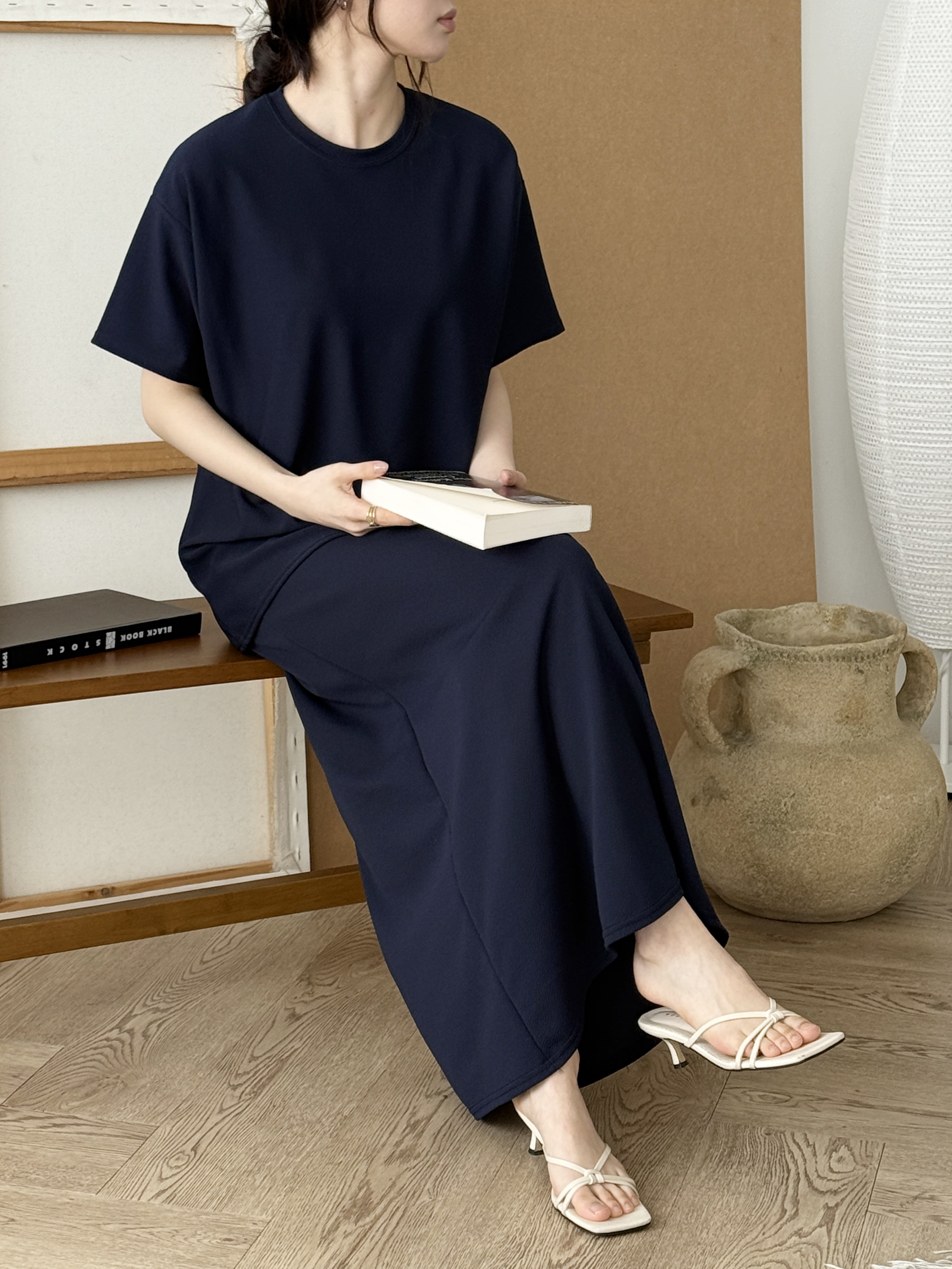 ラウンドネックベーシックウエストゴムロング半袖セットアップスカートTシャツ | 詳細画像2