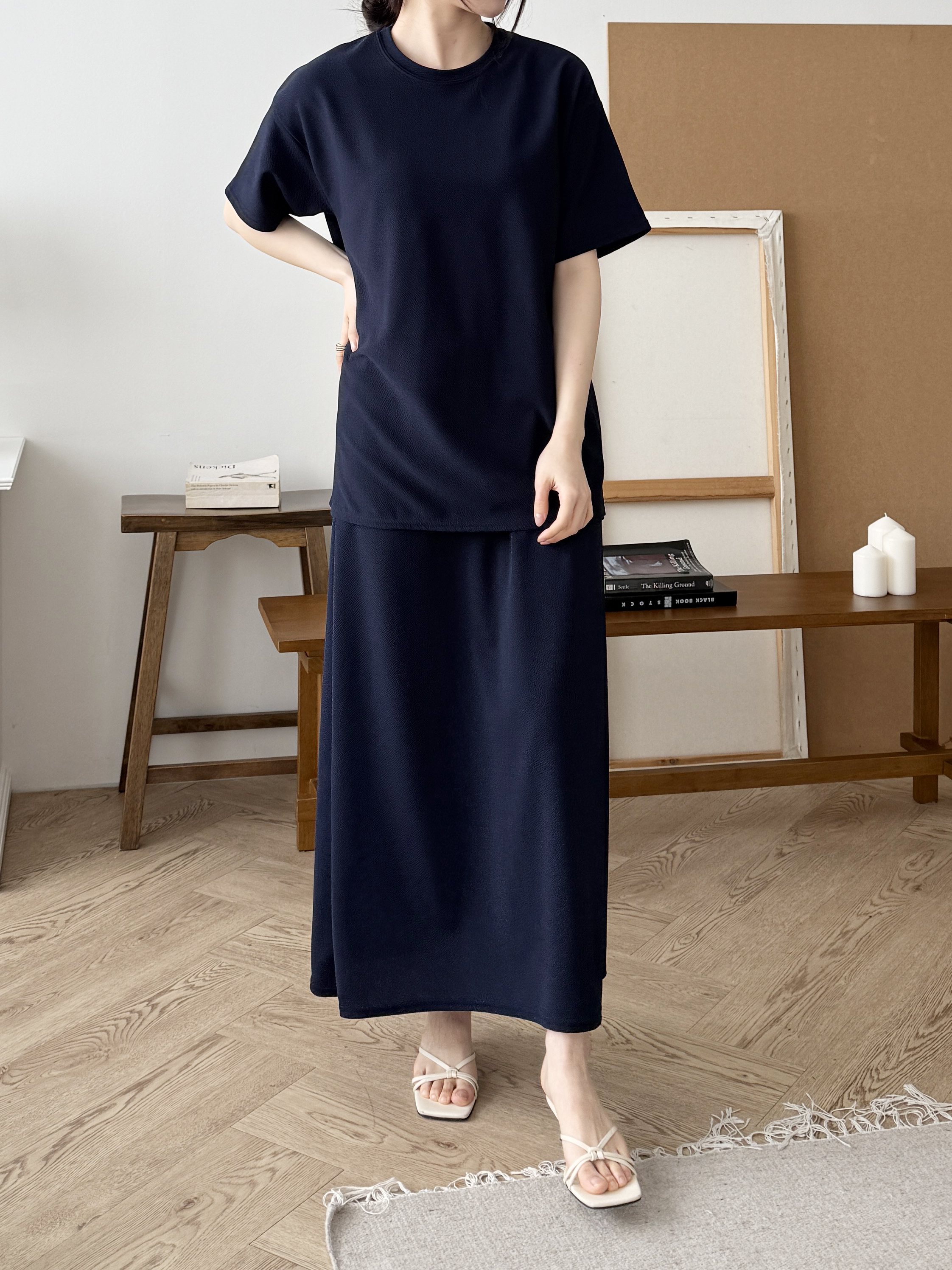 ラウンドネックベーシックウエストゴムロング半袖セットアップスカートTシャツ | 詳細画像5