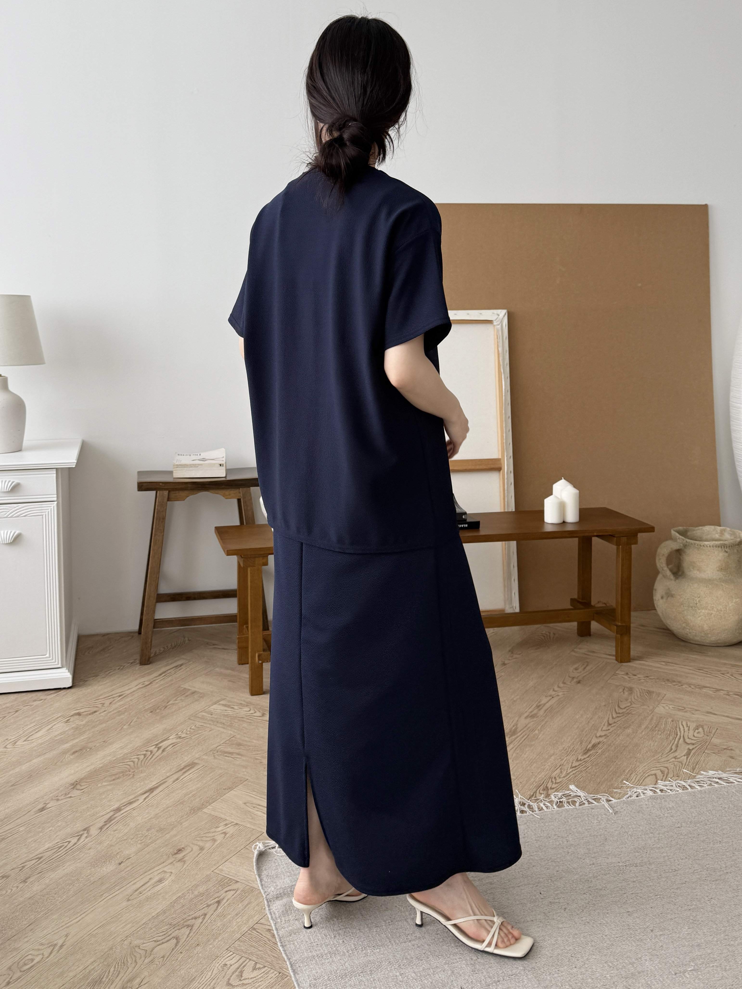 ラウンドネックベーシックウエストゴムロング半袖セットアップスカートTシャツ | 詳細画像6