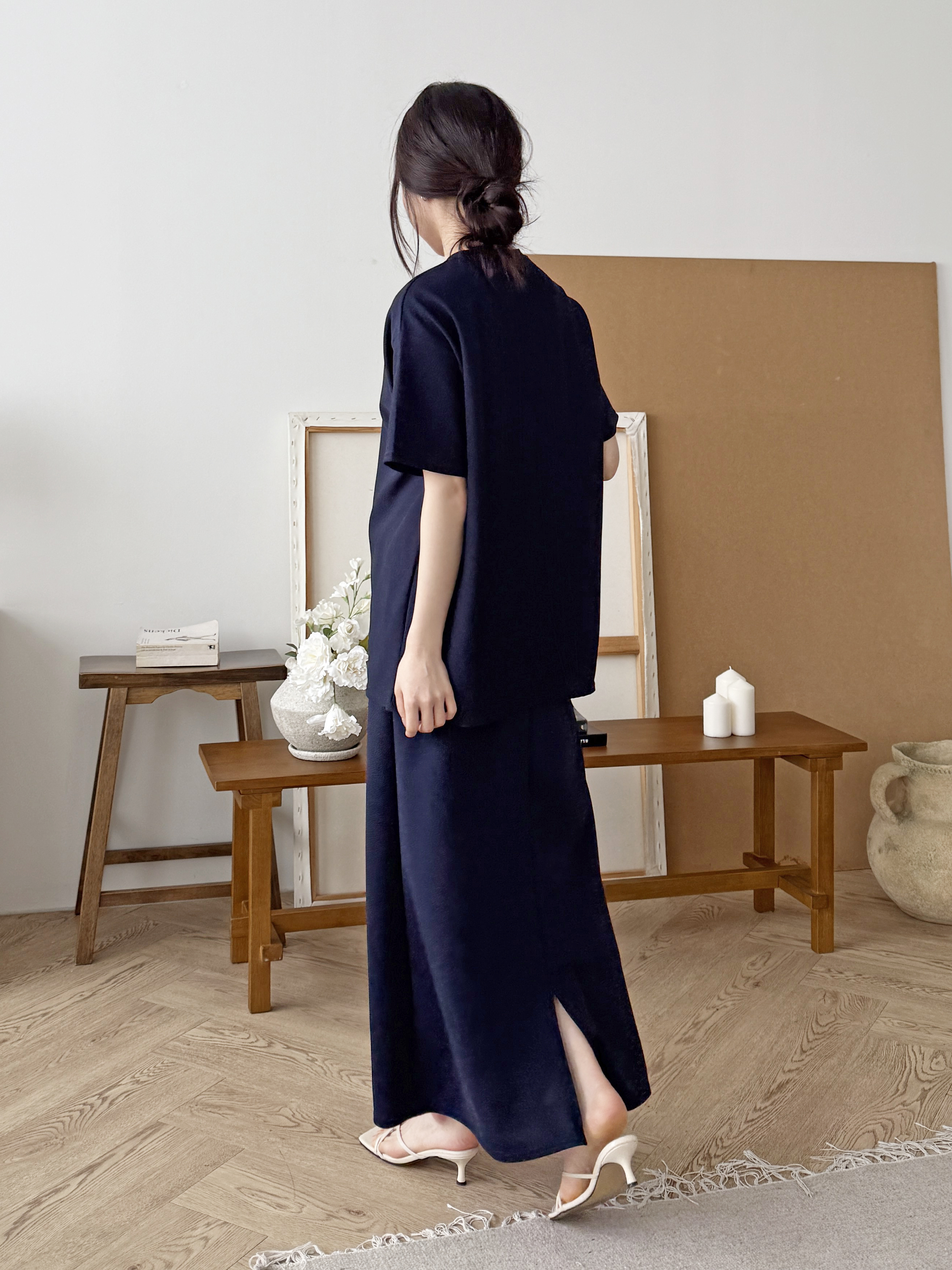 ラウンドネックベーシックウエストゴムロング半袖セットアップスカートTシャツ | 詳細画像7