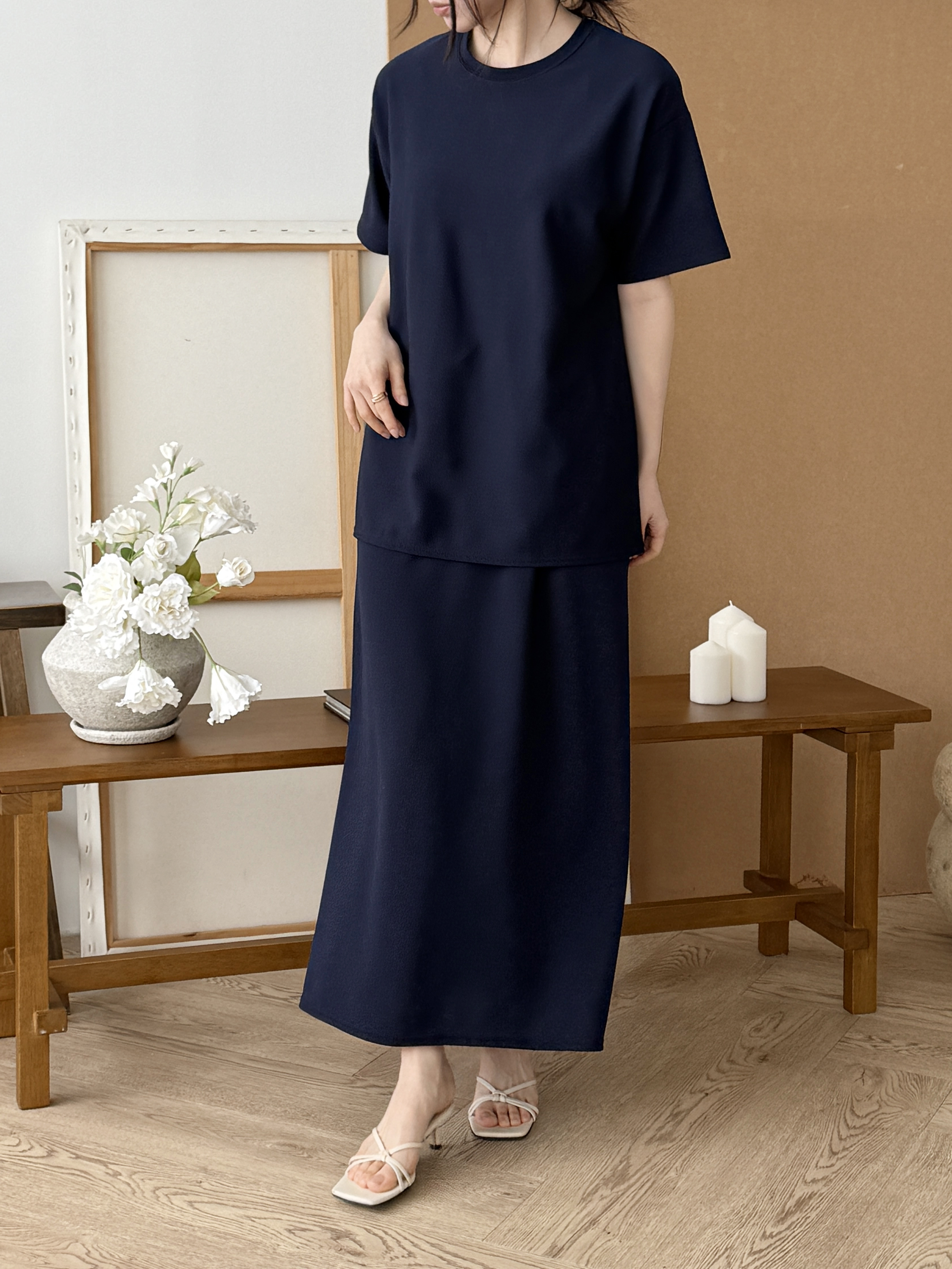 ラウンドネックベーシックウエストゴムロング半袖セットアップスカートTシャツ | 詳細画像8