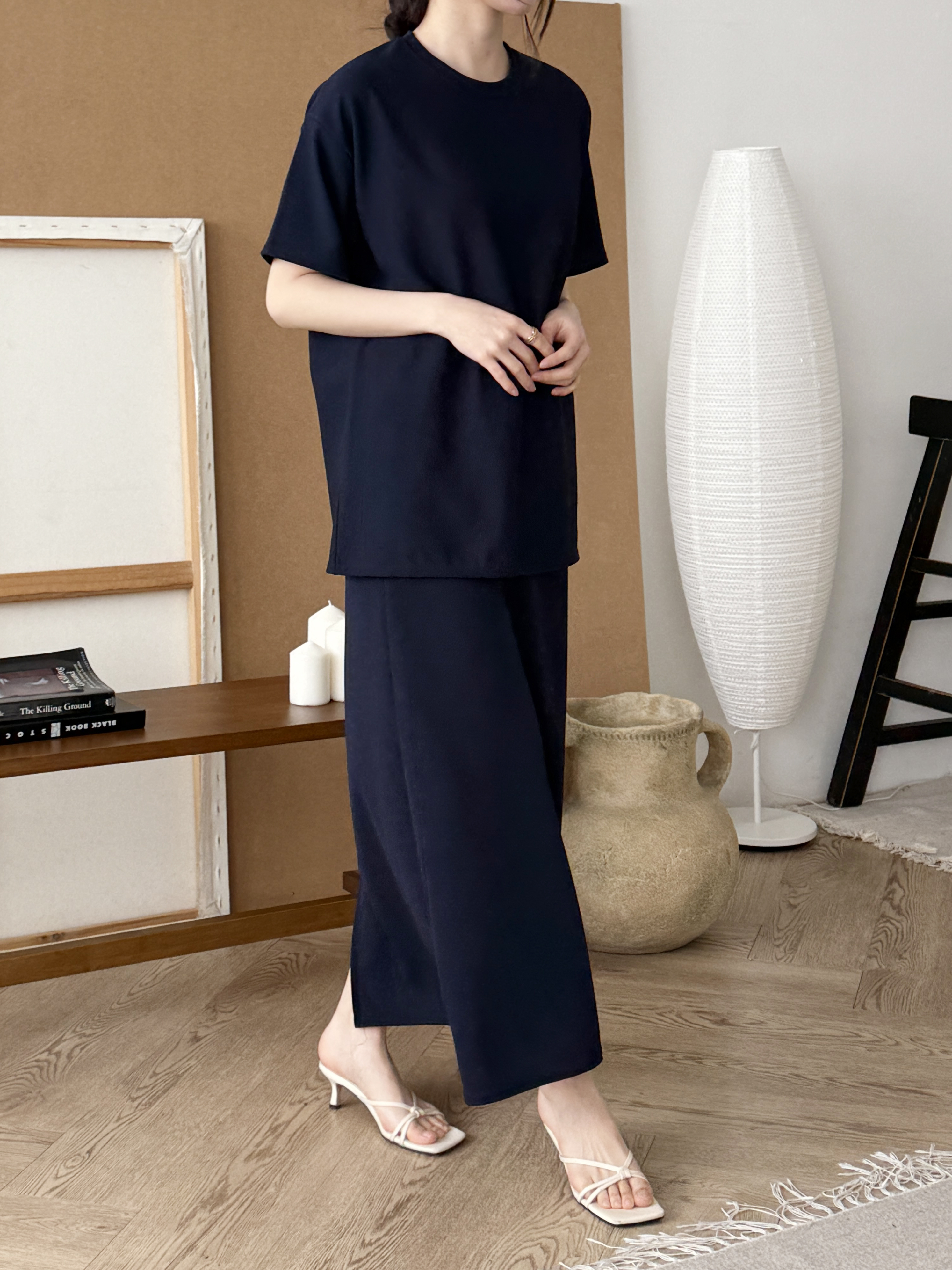 ラウンドネックベーシックウエストゴムロング半袖セットアップスカートTシャツ | 詳細画像9