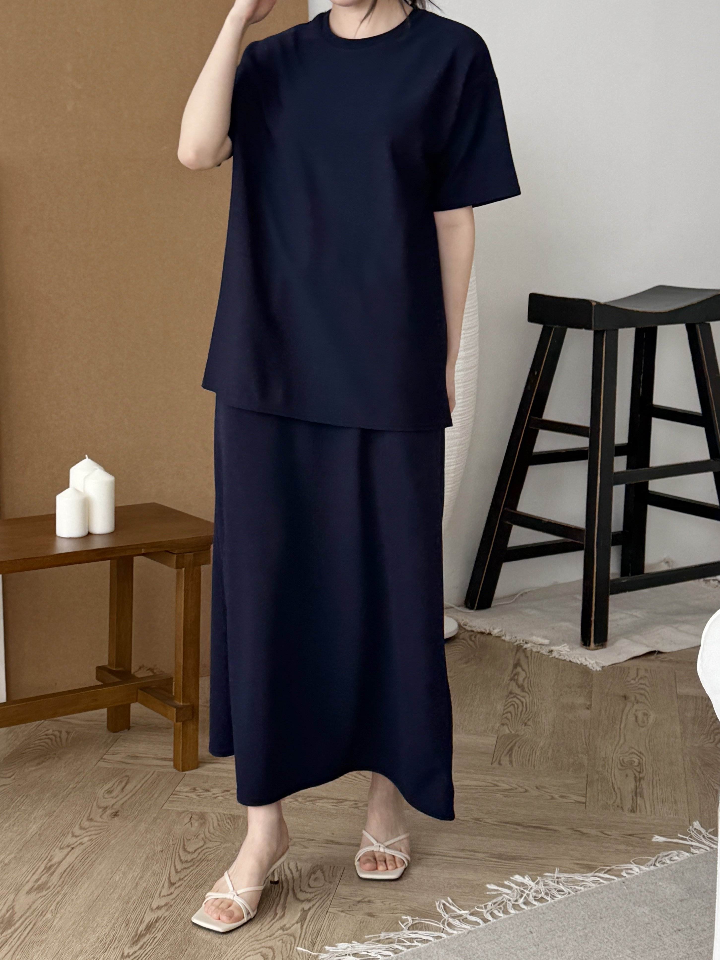 ラウンドネックベーシックウエストゴムロング半袖セットアップスカートTシャツ | 詳細画像10