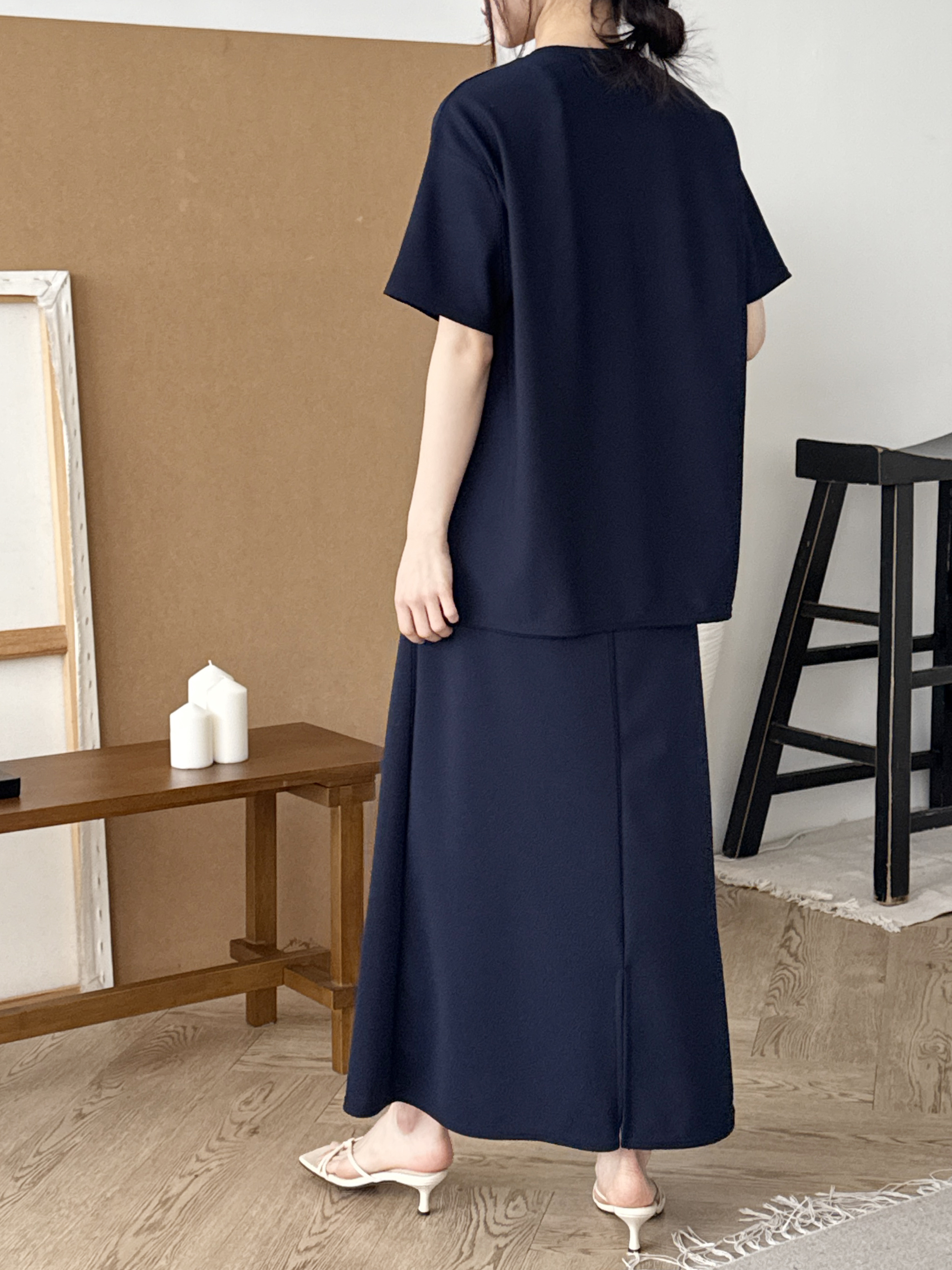 ラウンドネックベーシックウエストゴムロング半袖セットアップスカートTシャツ | 詳細画像11