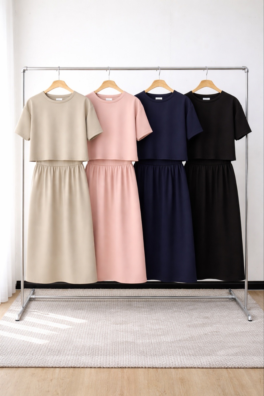 ラウンドネックベーシックウエストゴムロング半袖セットアップスカートTシャツ | 詳細画像12