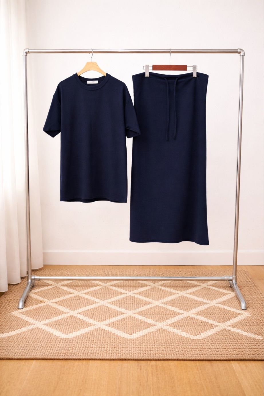 ラウンドネックベーシックウエストゴムロング半袖セットアップスカートTシャツ | 詳細画像14