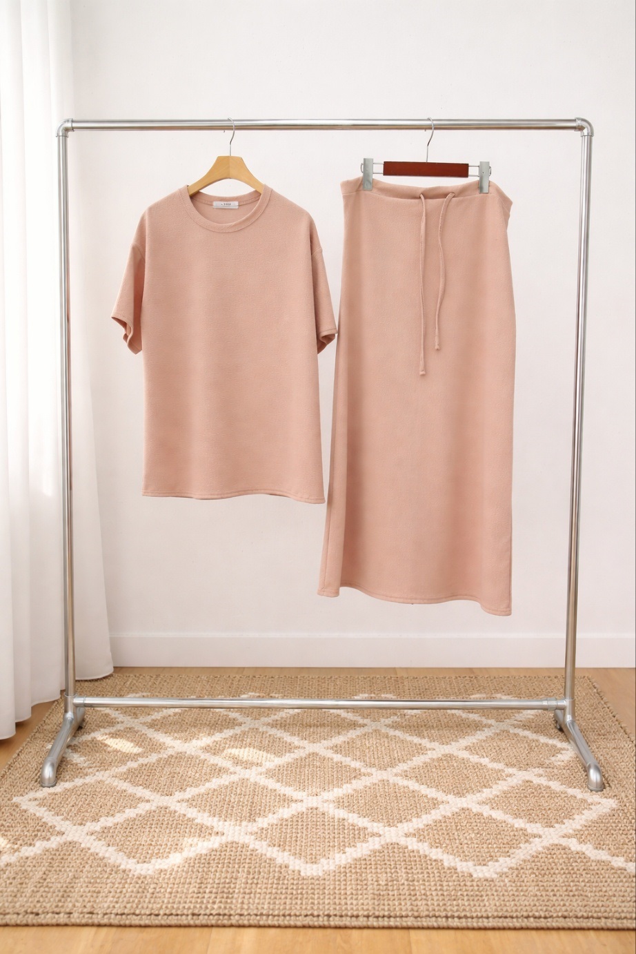 ラウンドネックベーシックウエストゴムロング半袖セットアップスカートTシャツ | 詳細画像15