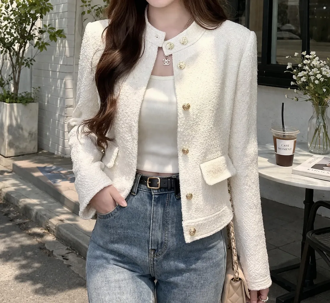 ツイードボタンハイネックノーカラー長袖ジャケット | 詳細画像1