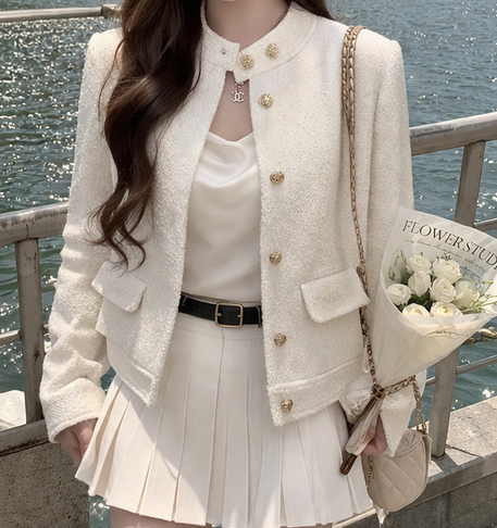 ツイードボタンハイネックノーカラー長袖ジャケット | 詳細画像3