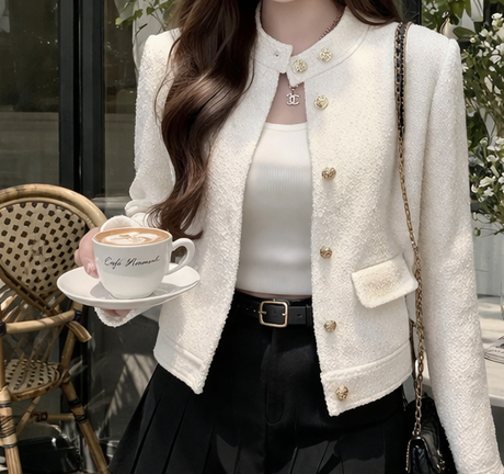 ツイードボタンハイネックノーカラー長袖ジャケット | 詳細画像4