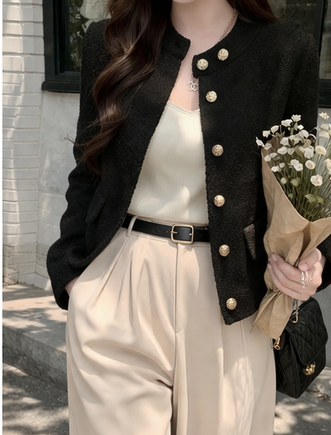 ツイードボタンハイネックノーカラー長袖ジャケット | 詳細画像11