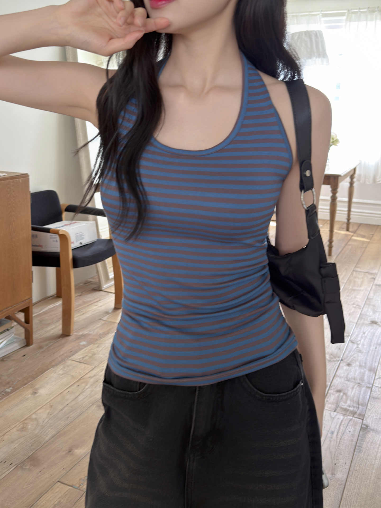 Uネックホルターネックスリムロングボーダー配色ノースリーブ | 詳細画像2