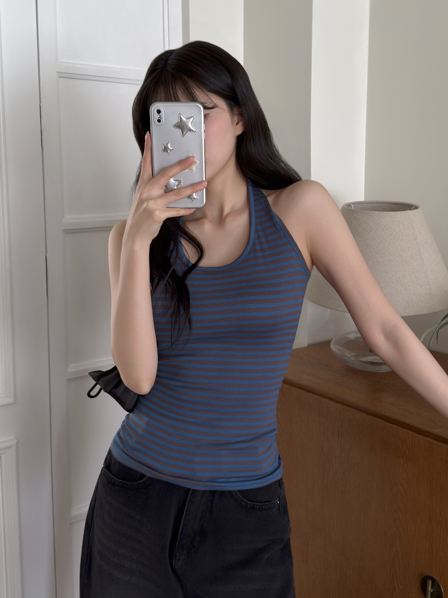 Uネックホルターネックスリムロングボーダー配色ノースリーブ | 詳細画像5