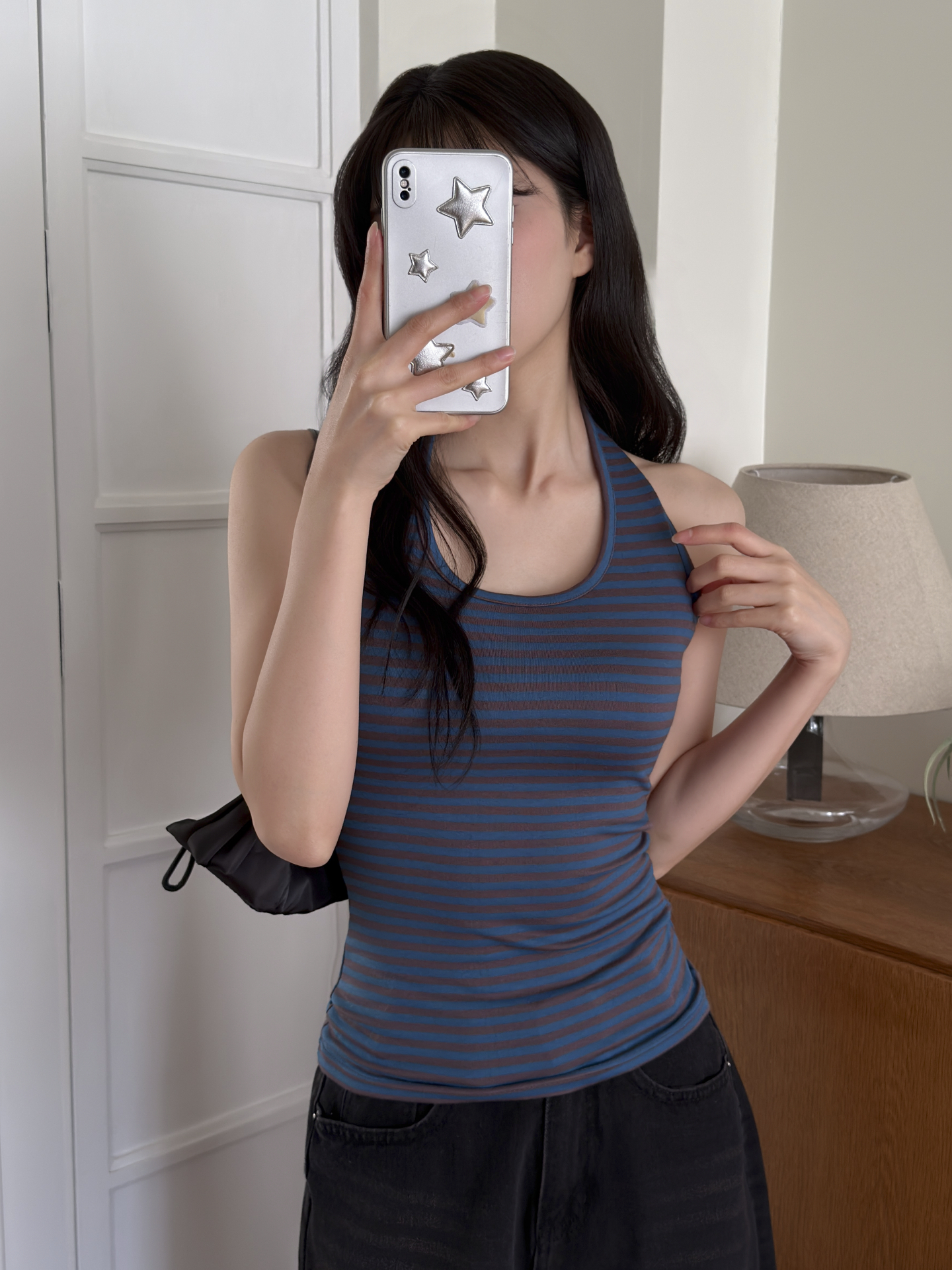 Uネックホルターネックスリムロングボーダー配色ノースリーブ | 詳細画像8