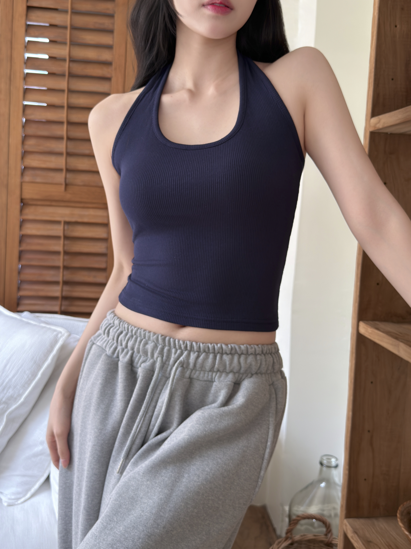 リブUネックホルターネッククロップドスリム無地ノースリーブ | 詳細画像2