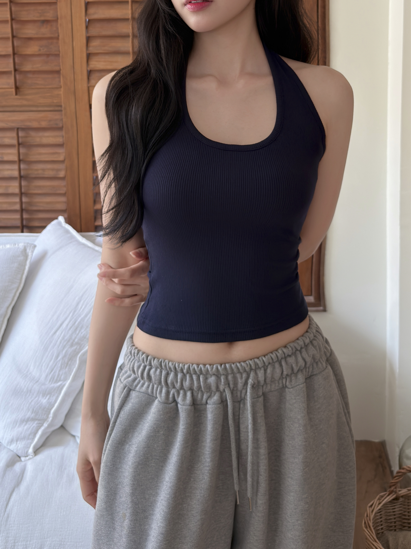 リブUネックホルターネッククロップドスリム無地ノースリーブ | 詳細画像5