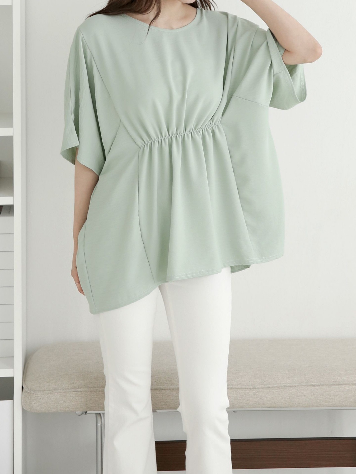ラウンドネックシャーリングラインドルマンルーズ半袖ハーフ無地ブラウス | 詳細画像3