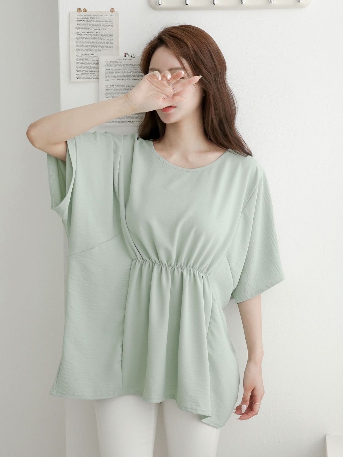 ラウンドネックシャーリングラインドルマンルーズ半袖ハーフ無地ブラウス | 詳細画像4