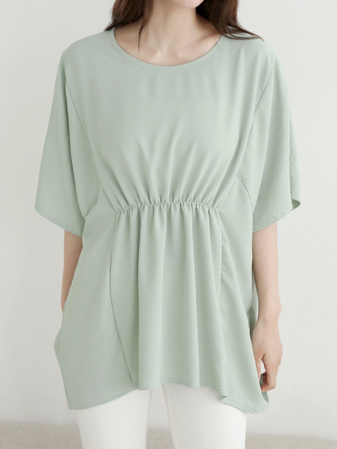 ラウンドネックシャーリングラインドルマンルーズ半袖ハーフ無地ブラウス | 詳細画像5