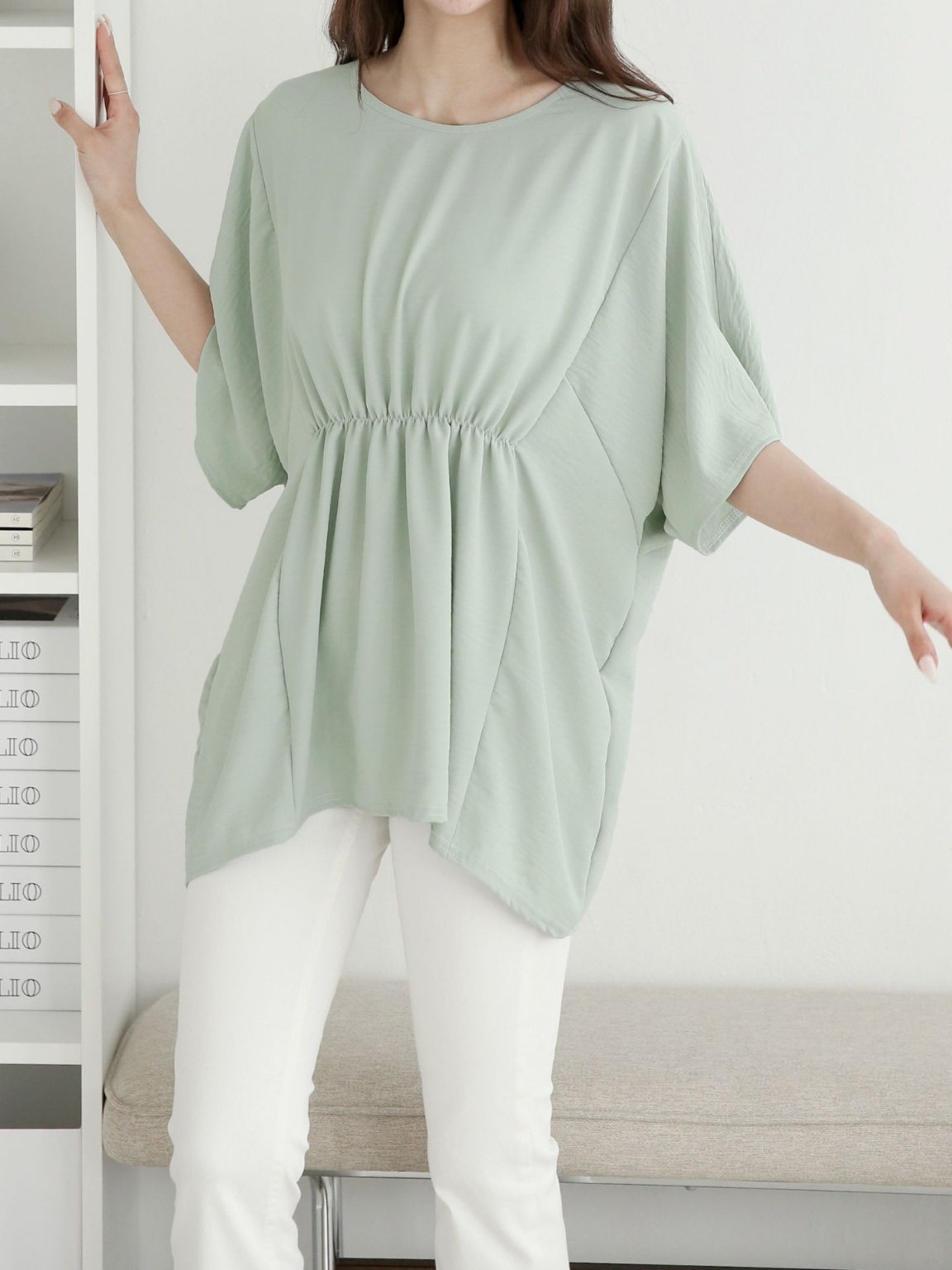 ラウンドネックシャーリングラインドルマンルーズ半袖ハーフ無地ブラウス | 詳細画像6