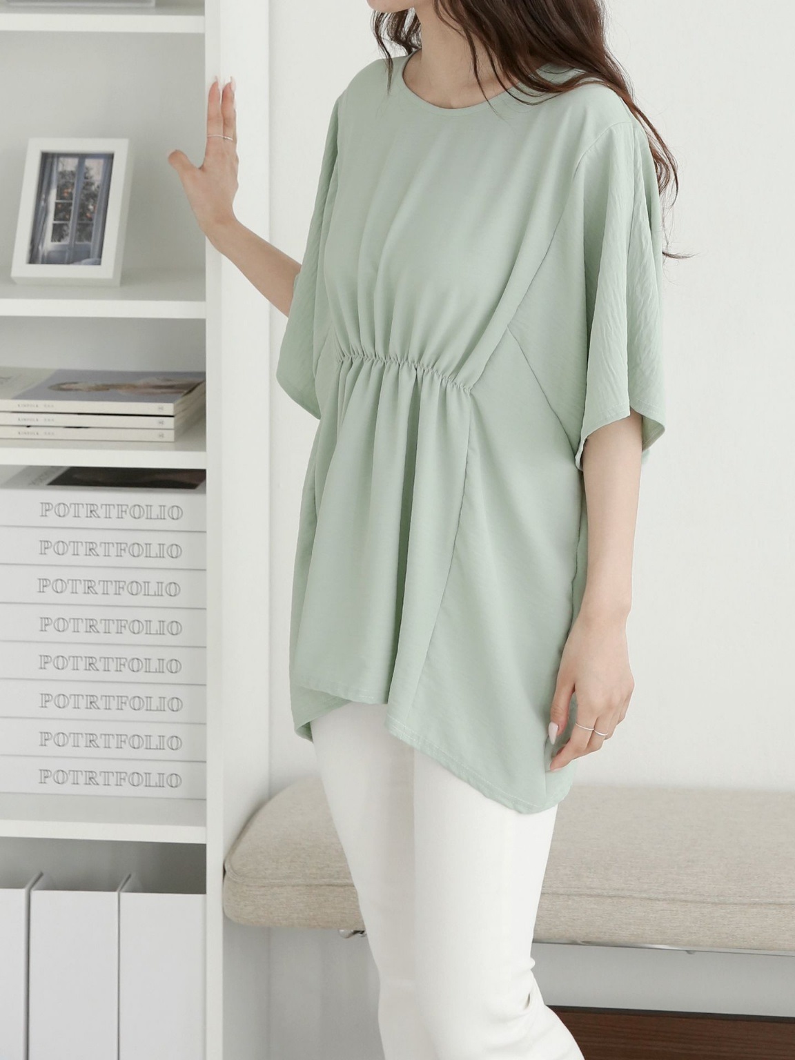 ラウンドネックシャーリングラインドルマンルーズ半袖ハーフ無地ブラウス | 詳細画像8