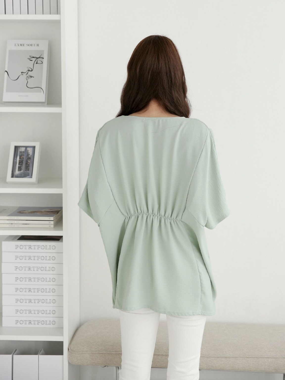 ラウンドネックシャーリングラインドルマンルーズ半袖ハーフ無地ブラウス | 詳細画像9