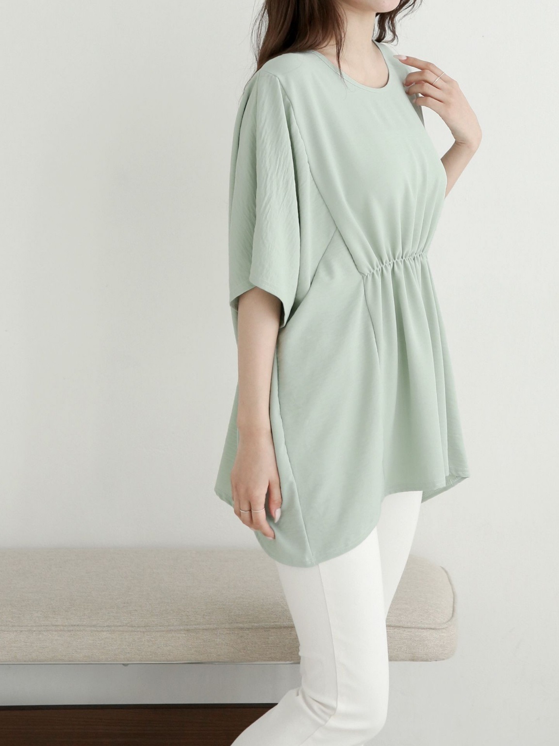 ラウンドネックシャーリングラインドルマンルーズ半袖ハーフ無地ブラウス | 詳細画像10