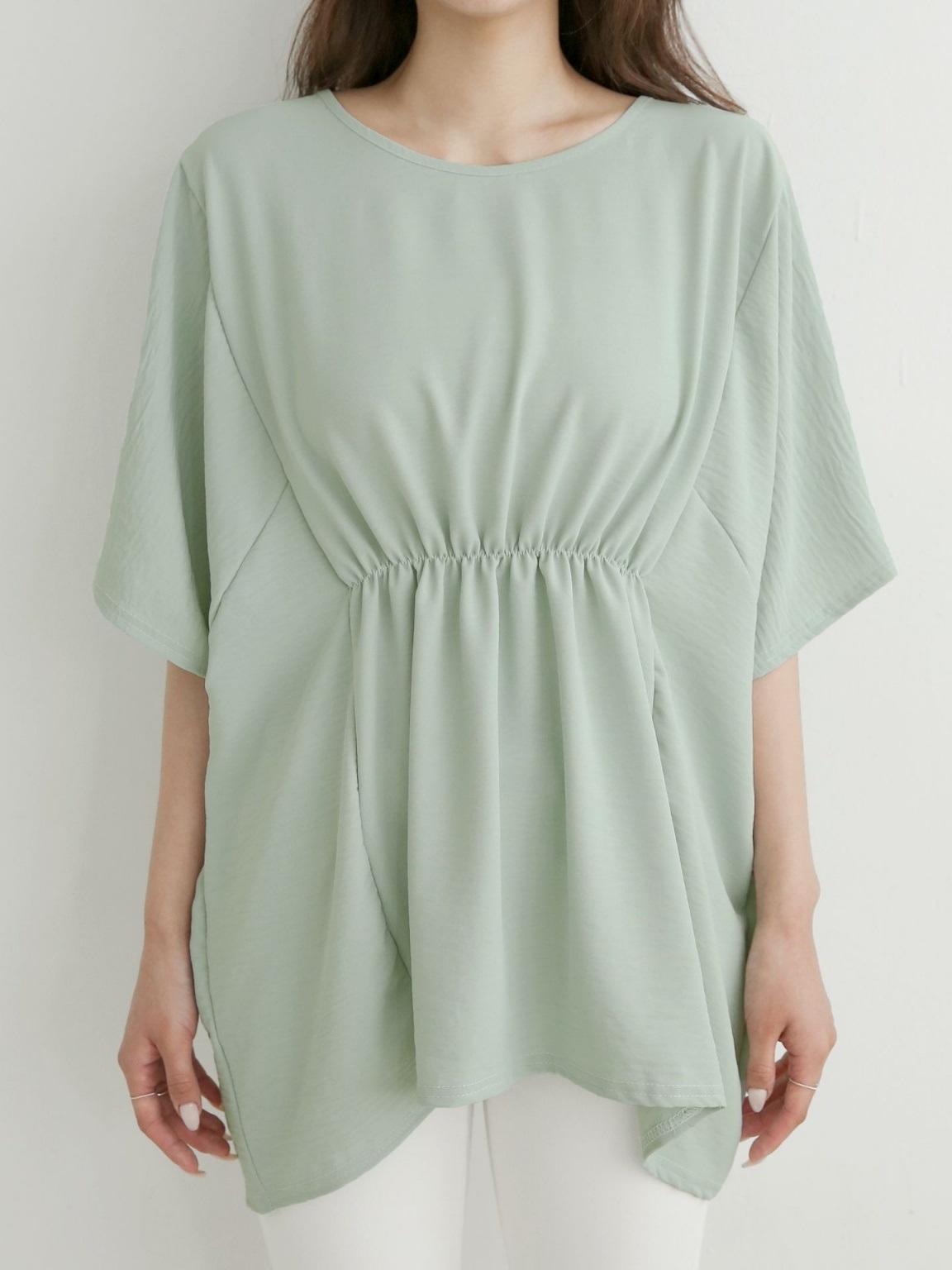 ラウンドネックシャーリングラインドルマンルーズ半袖ハーフ無地ブラウス | 詳細画像11