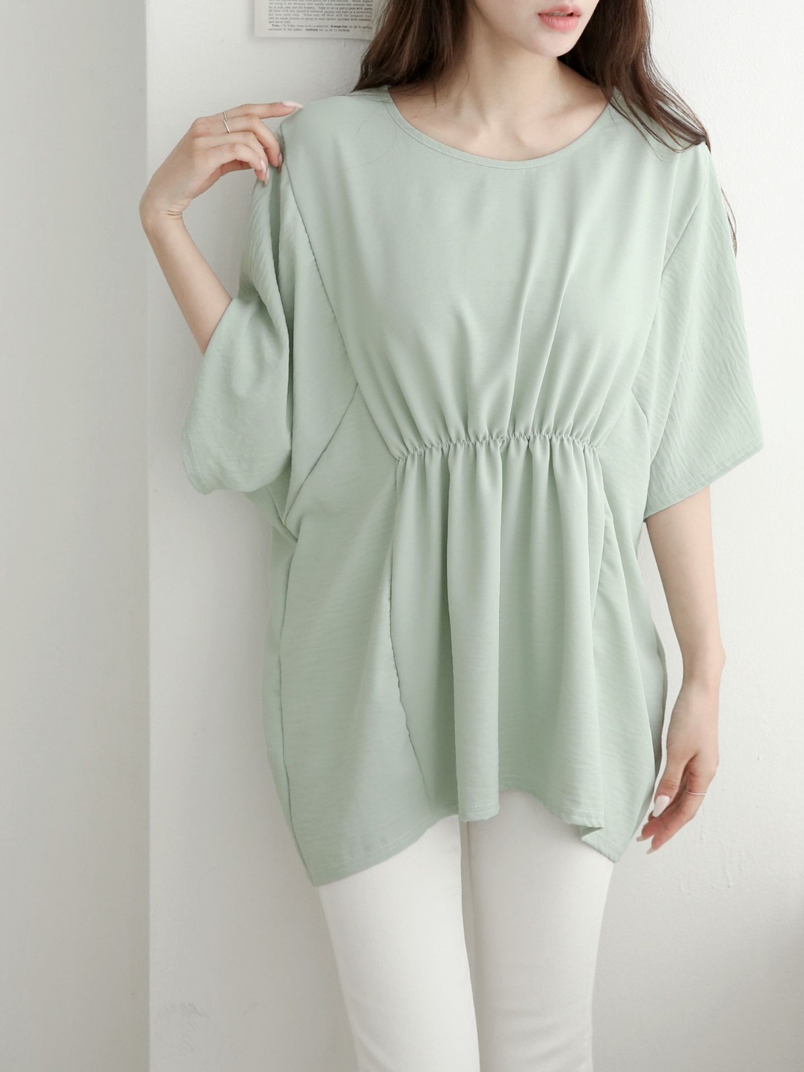 ラウンドネックシャーリングラインドルマンルーズ半袖ハーフ無地ブラウス | 詳細画像12