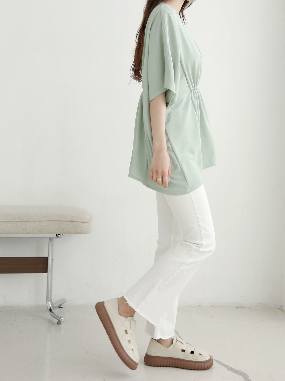 ラウンドネックシャーリングラインドルマンルーズ半袖ハーフ無地ブラウス | 詳細画像13