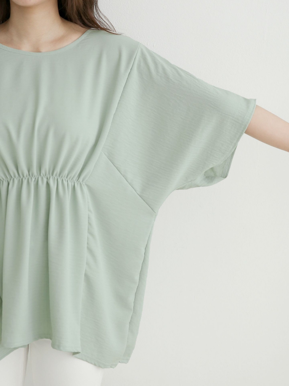 ラウンドネックシャーリングラインドルマンルーズ半袖ハーフ無地ブラウス | 詳細画像14