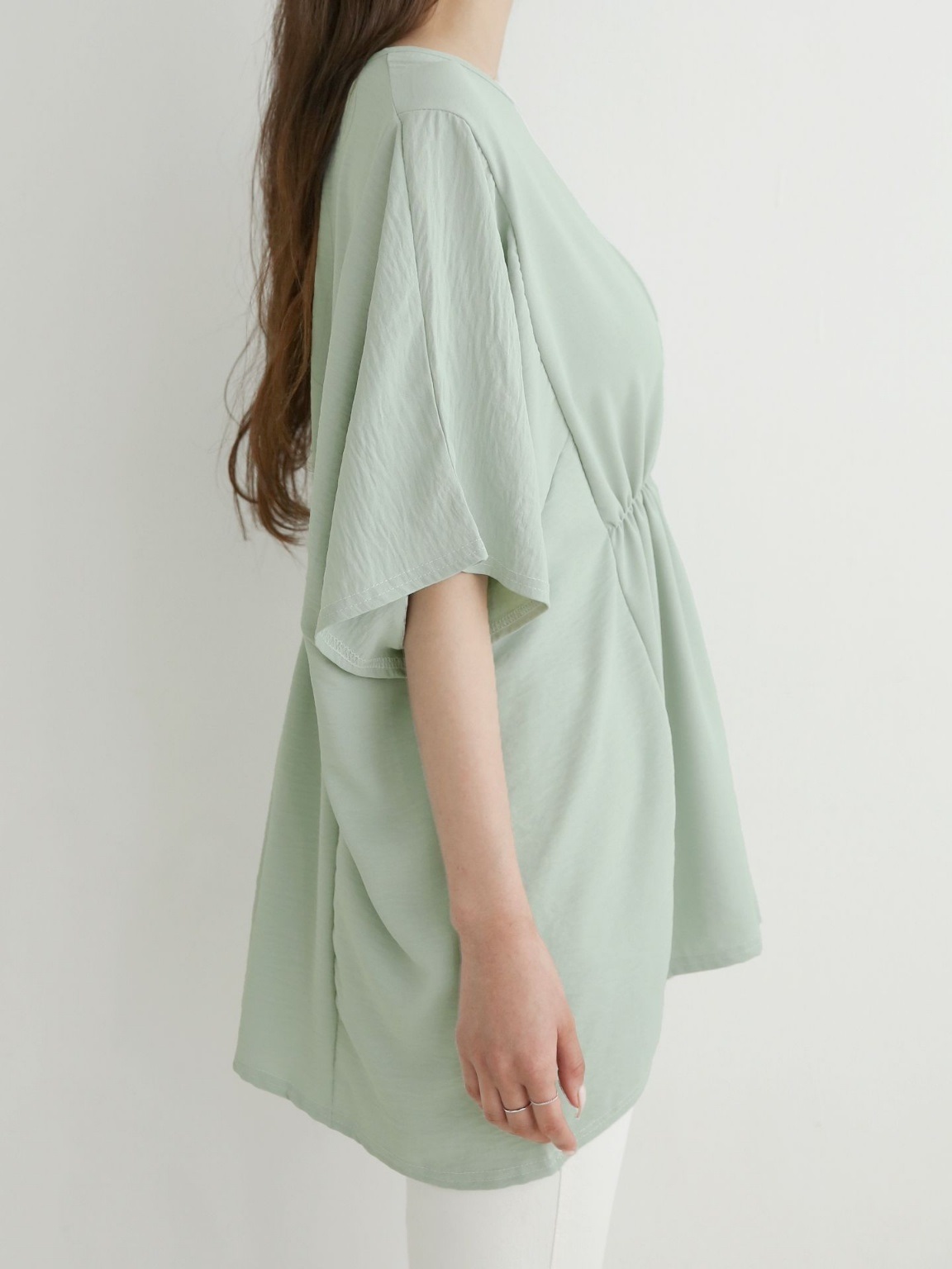 ラウンドネックシャーリングラインドルマンルーズ半袖ハーフ無地ブラウス | 詳細画像15