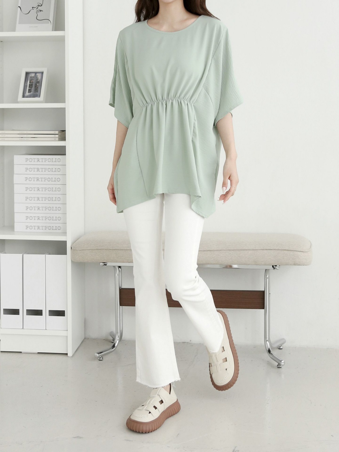 ラウンドネックシャーリングラインドルマンルーズ半袖ハーフ無地ブラウス | 詳細画像16