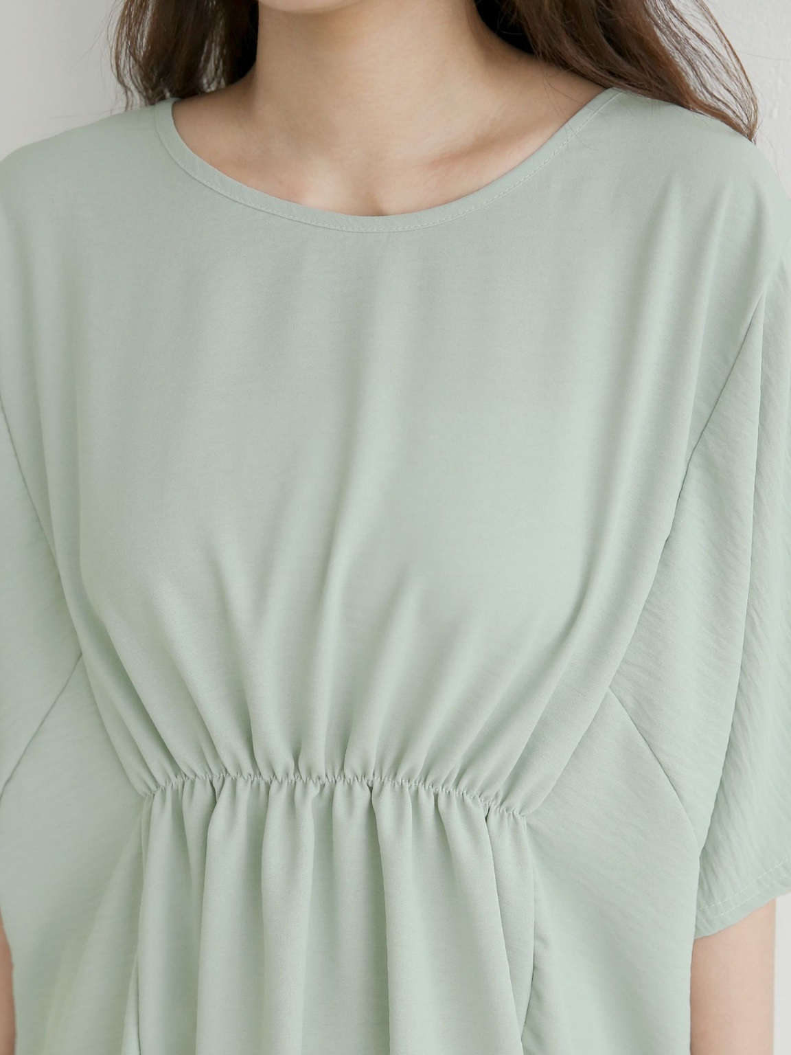 ラウンドネックシャーリングラインドルマンルーズ半袖ハーフ無地ブラウス | 詳細画像17