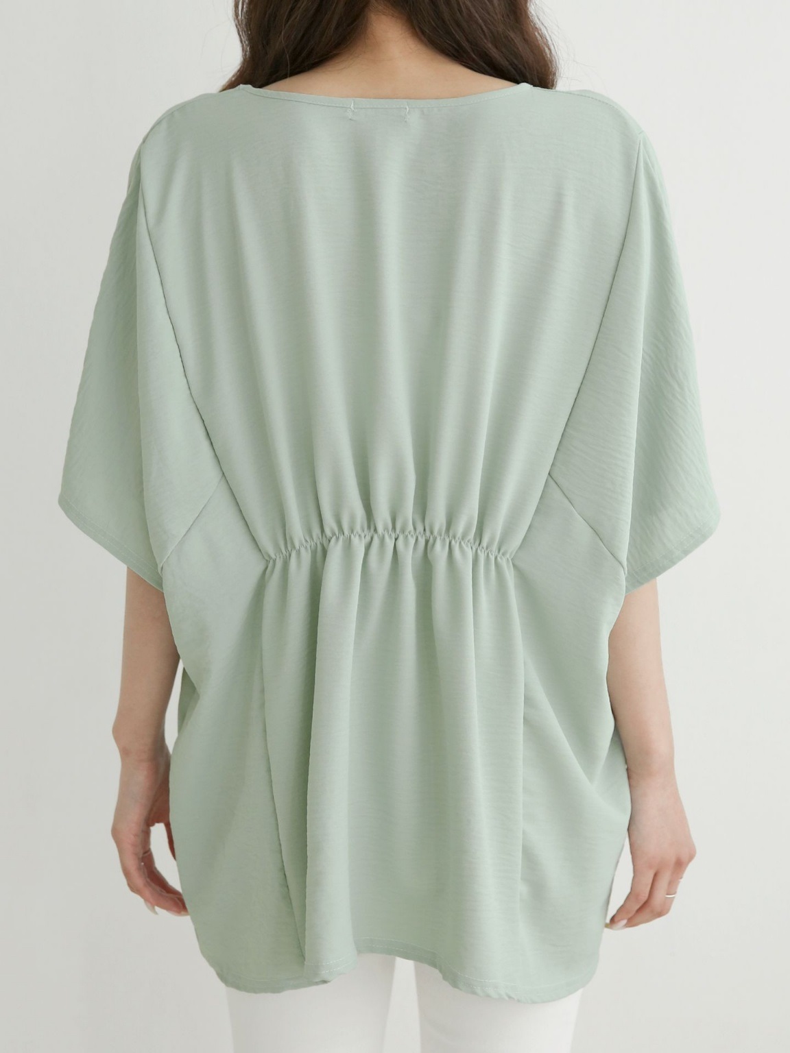 ラウンドネックシャーリングラインドルマンルーズ半袖ハーフ無地ブラウス | 詳細画像19