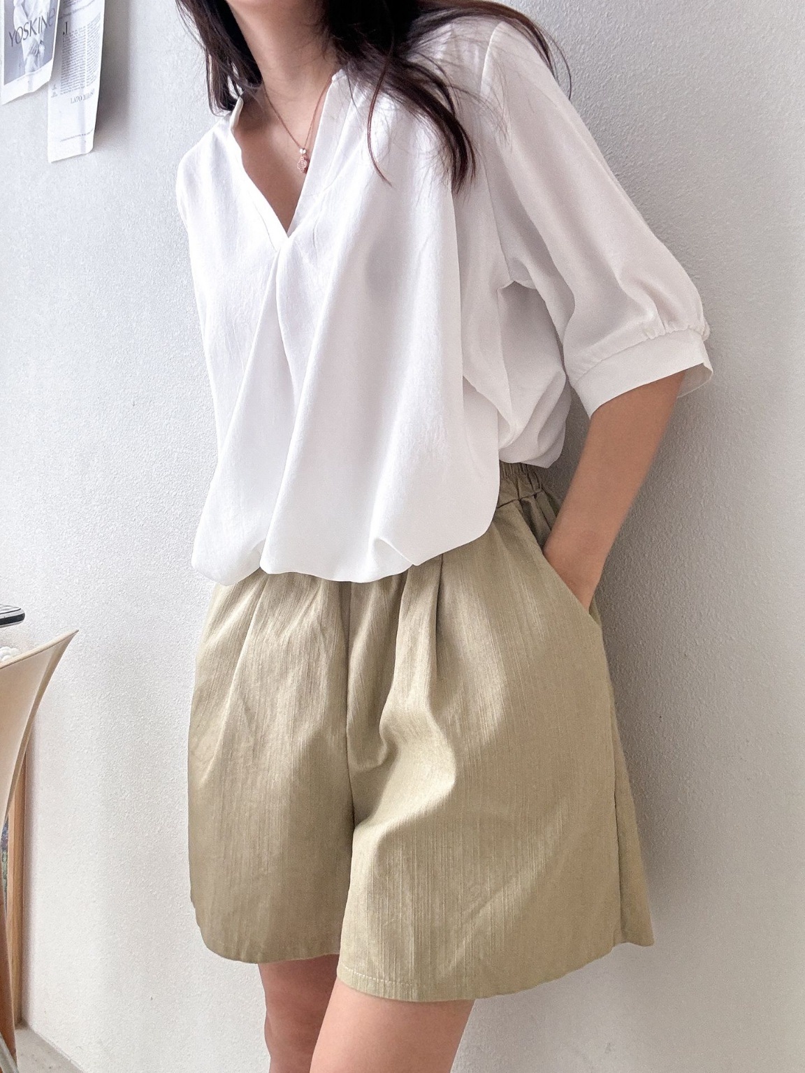 コットンポケットウエストゴムオーバーサイズミニ無地ショートパンツ | 詳細画像8