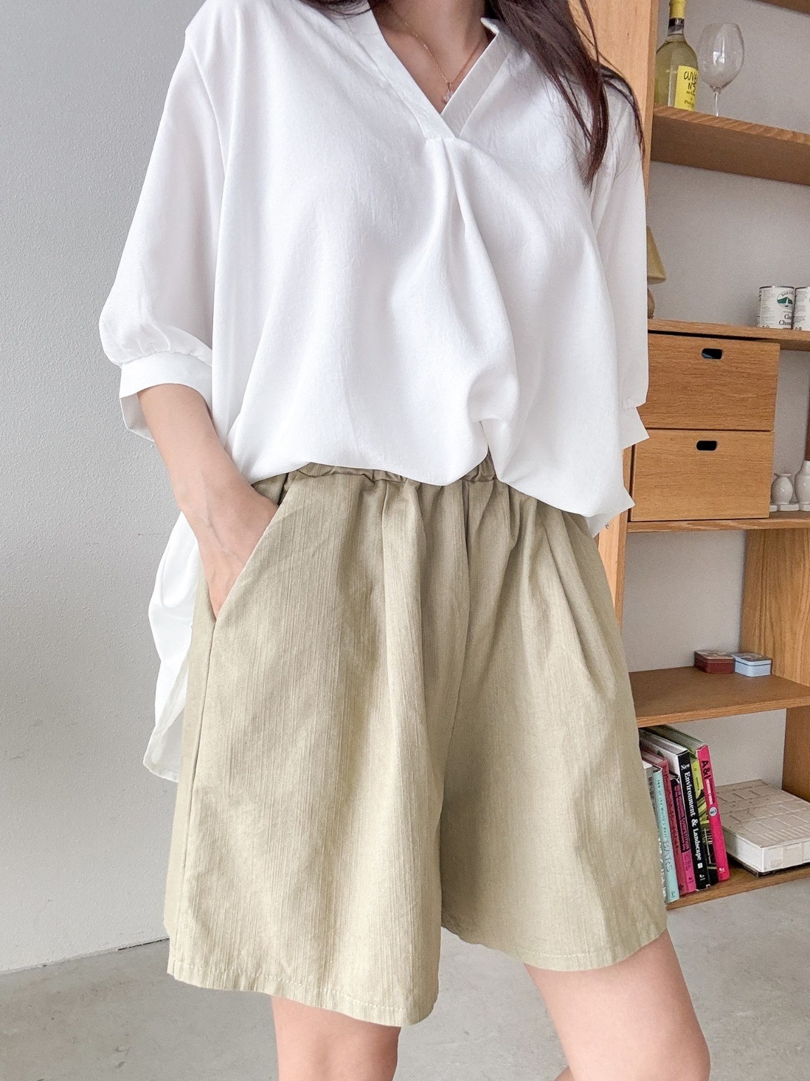 コットンポケットウエストゴムオーバーサイズミニ無地ショートパンツ | 詳細画像10