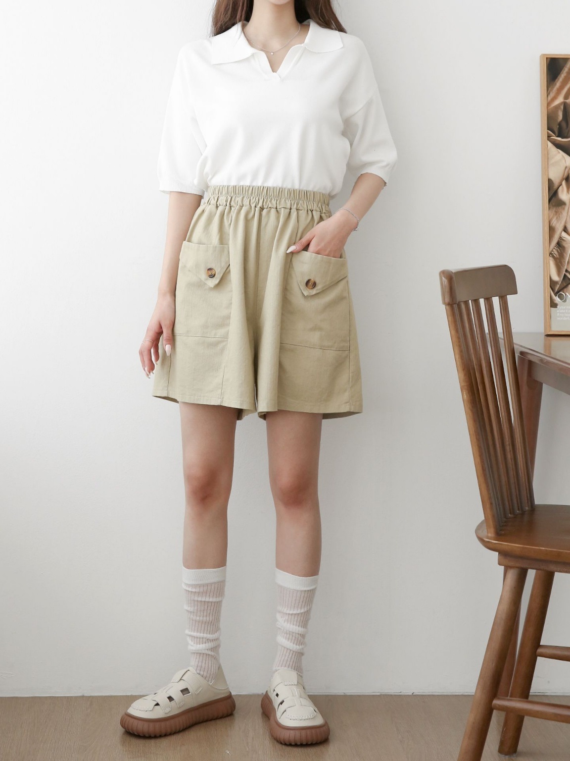 ポケットウエストゴムフェイクボタンハーフ無地ハーフパンツ | 詳細画像4