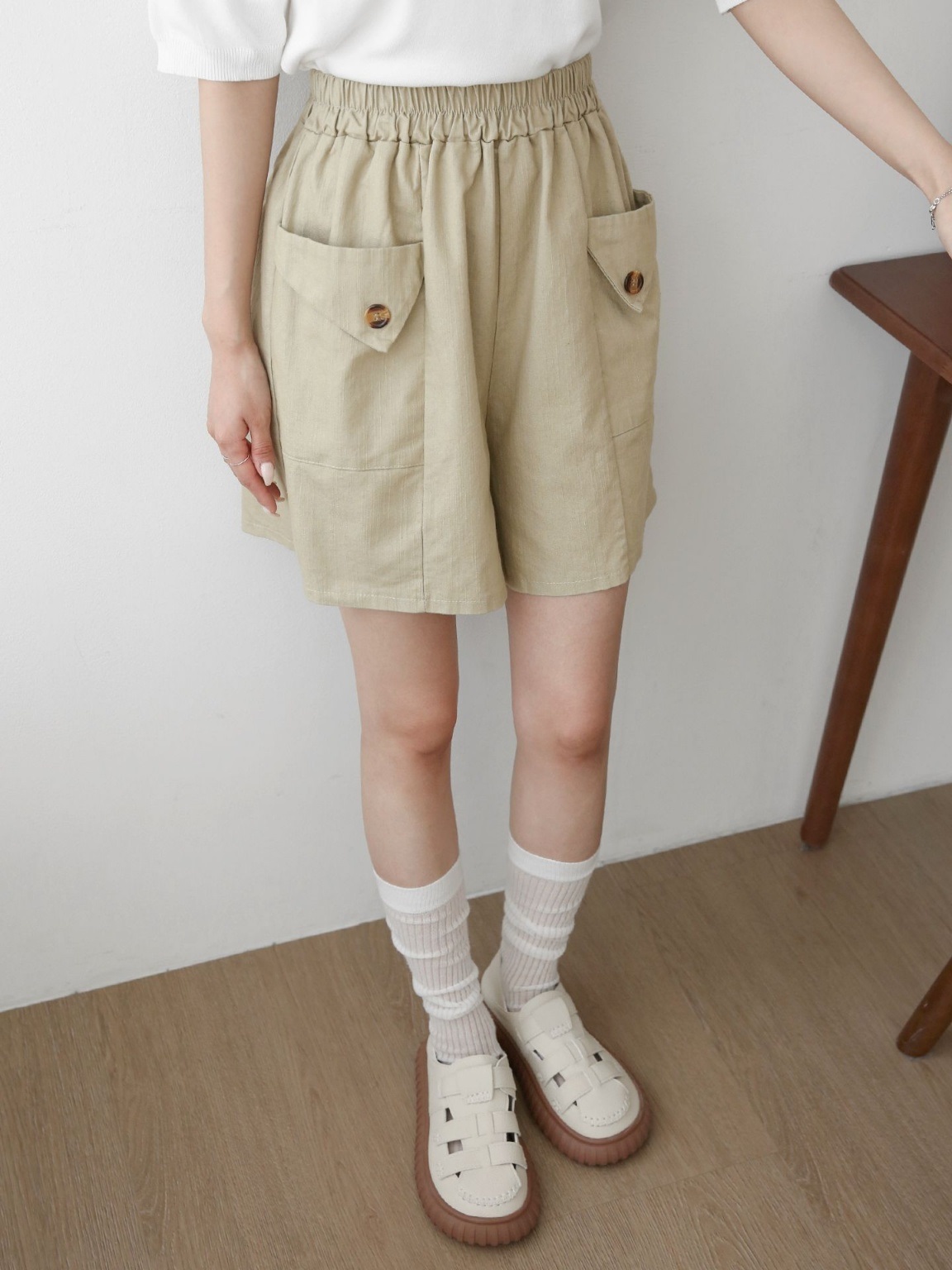 ポケットウエストゴムフェイクボタンハーフ無地ハーフパンツ | 詳細画像7