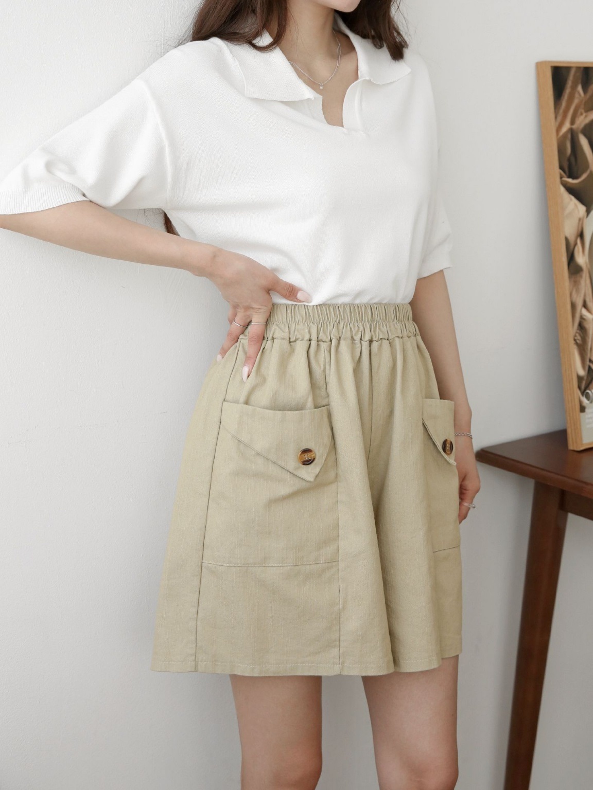 ポケットウエストゴムフェイクボタンハーフ無地ハーフパンツ | 詳細画像10