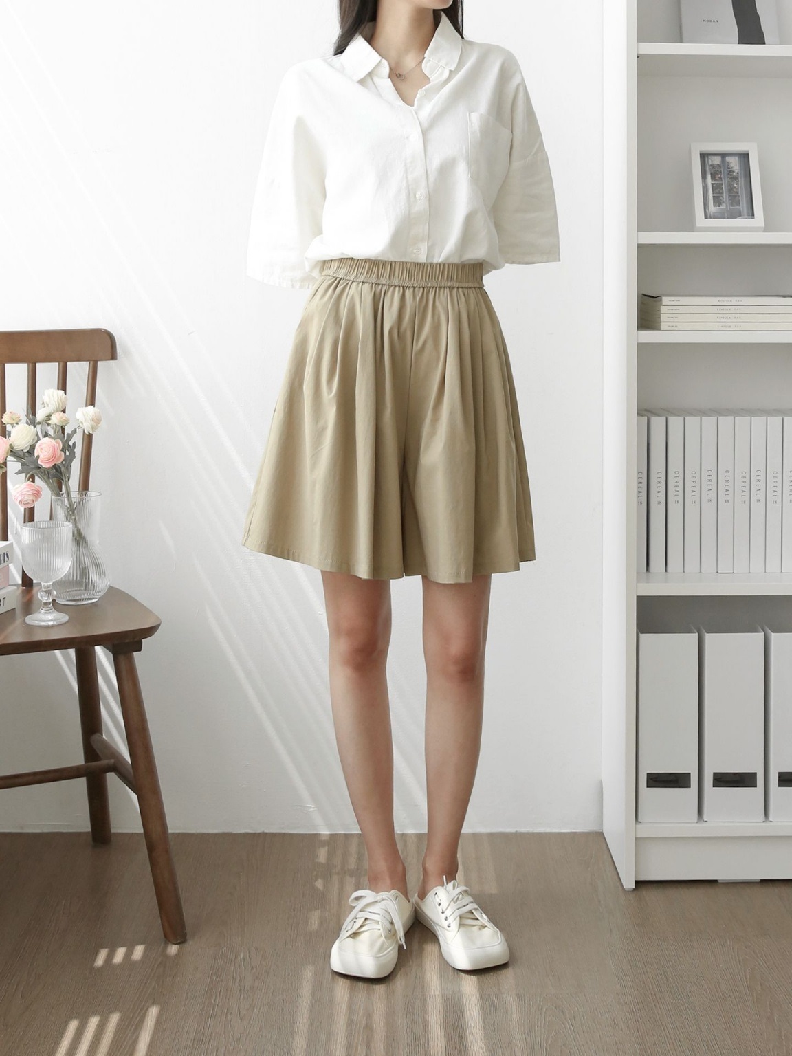 ポケットウエストゴムオーバーサイズフレアハーフ無地スカートパンツ | 詳細画像3