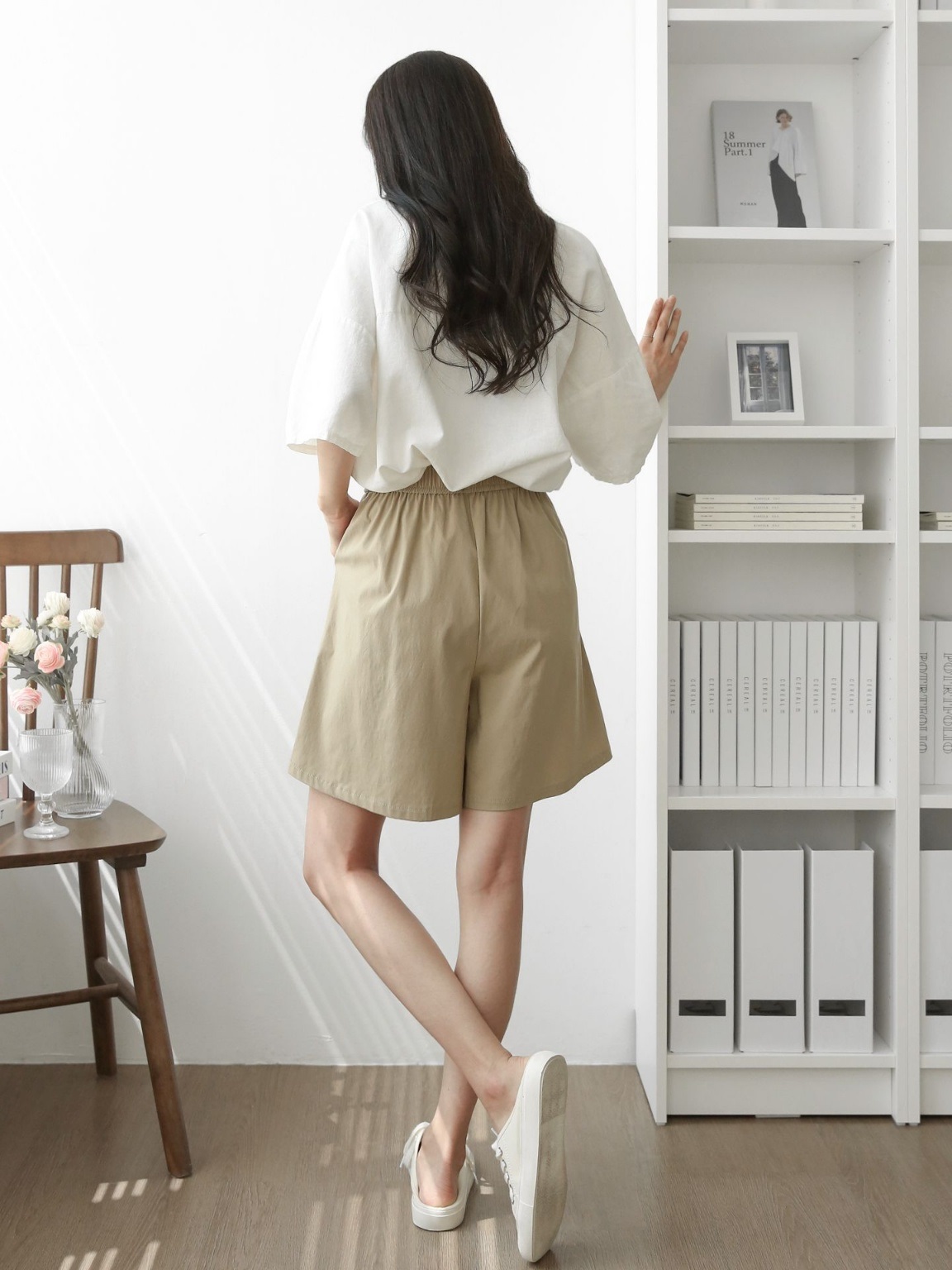 ポケットウエストゴムオーバーサイズフレアハーフ無地スカートパンツ | 詳細画像7