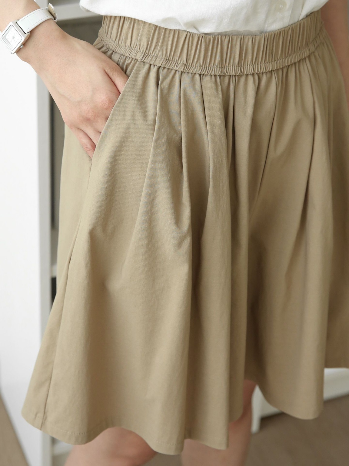 ポケットウエストゴムオーバーサイズフレアハーフ無地スカートパンツ | 詳細画像10