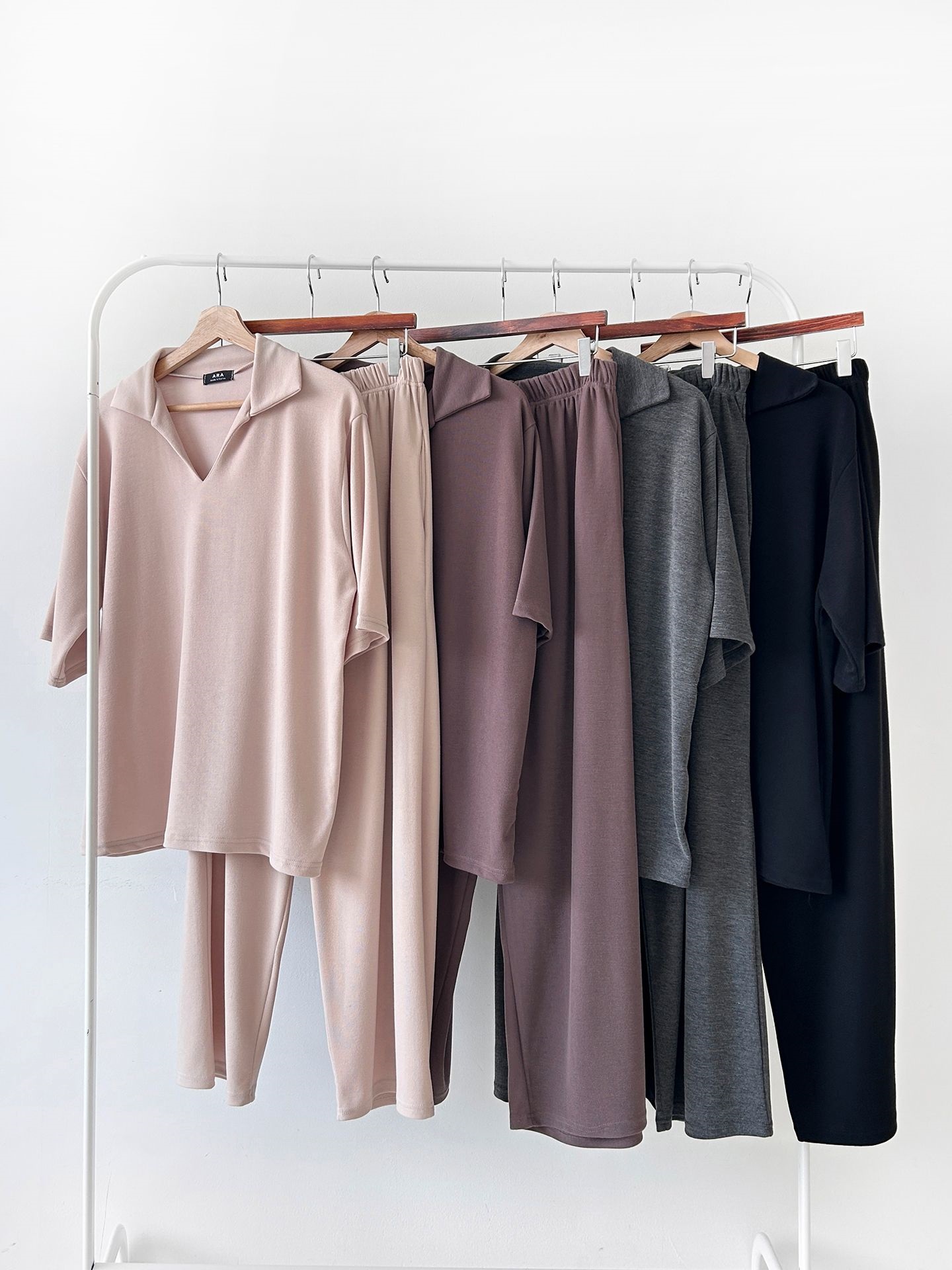 Vネックポケットオープンカラーウエストゴムオーバーサイズルーズ半袖ドロップショルダー無地ツーピース(トップス、ボトムス)パンツTシャツ | 詳細画像45