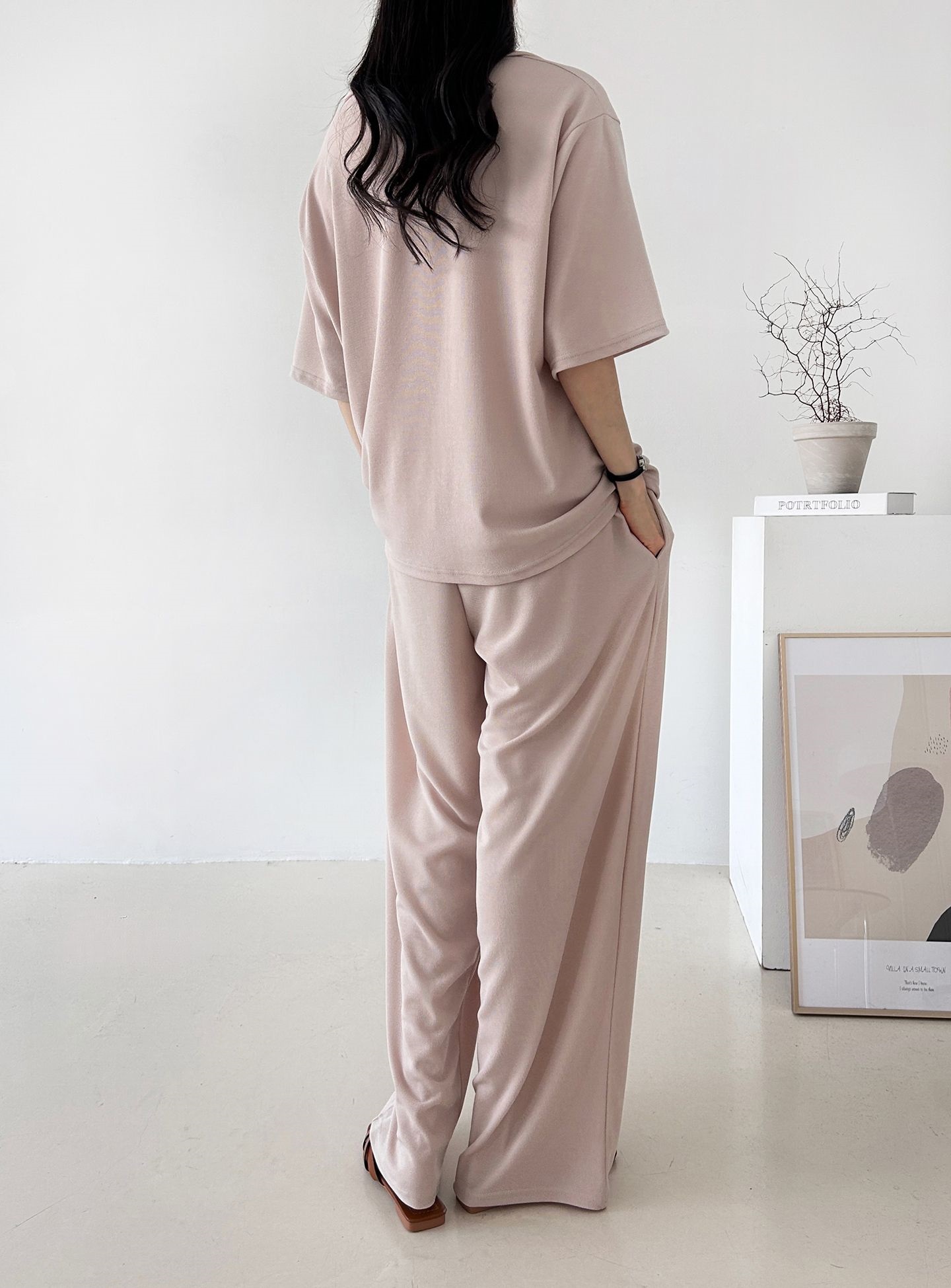 Vネックポケットオープンカラーウエストゴムオーバーサイズルーズ半袖ドロップショルダー無地ツーピース(トップス、ボトムス)パンツTシャツ | 詳細画像3