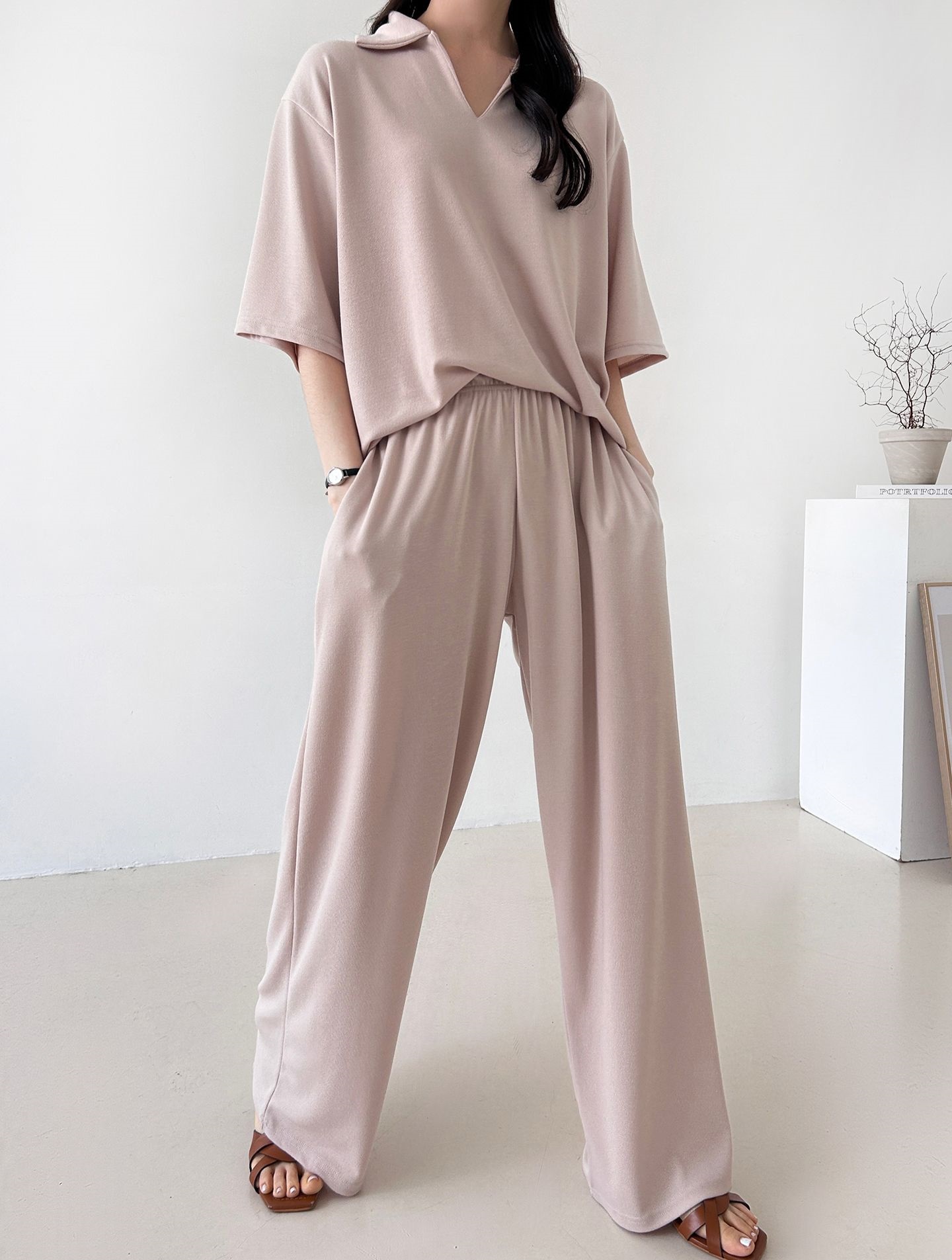 Vネックポケットオープンカラーウエストゴムオーバーサイズルーズ半袖ドロップショルダー無地ツーピース(トップス、ボトムス)パンツTシャツ | 詳細画像4