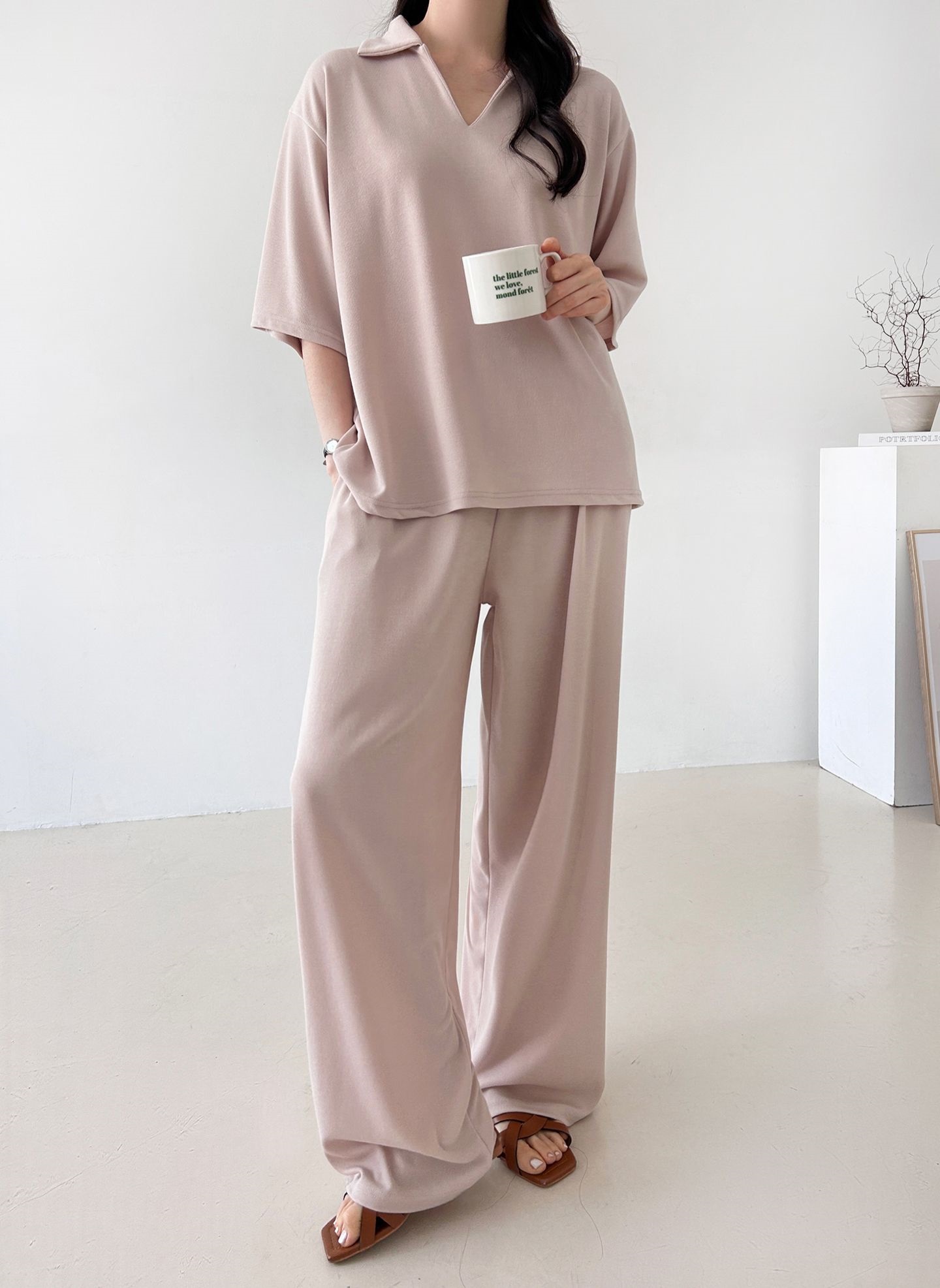 Vネックポケットオープンカラーウエストゴムオーバーサイズルーズ半袖ドロップショルダー無地ツーピース(トップス、ボトムス)パンツTシャツ | 詳細画像5