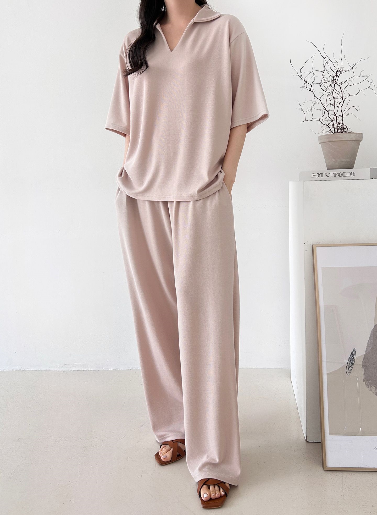 Vネックポケットオープンカラーウエストゴムオーバーサイズルーズ半袖ドロップショルダー無地ツーピース(トップス、ボトムス)パンツTシャツ | 詳細画像6