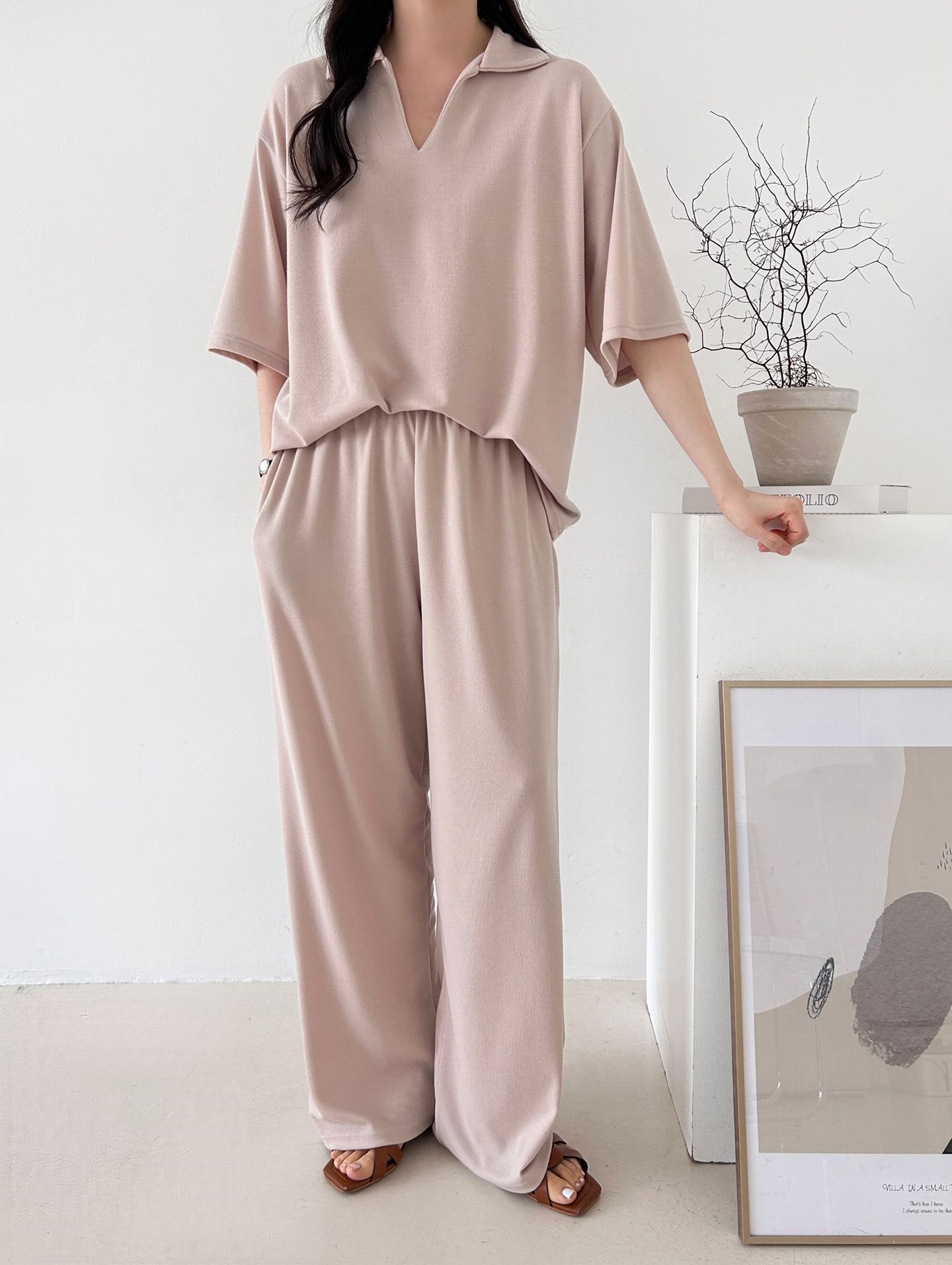 Vネックポケットオープンカラーウエストゴムオーバーサイズルーズ半袖ドロップショルダー無地ツーピース(トップス、ボトムス)パンツTシャツ | 詳細画像7